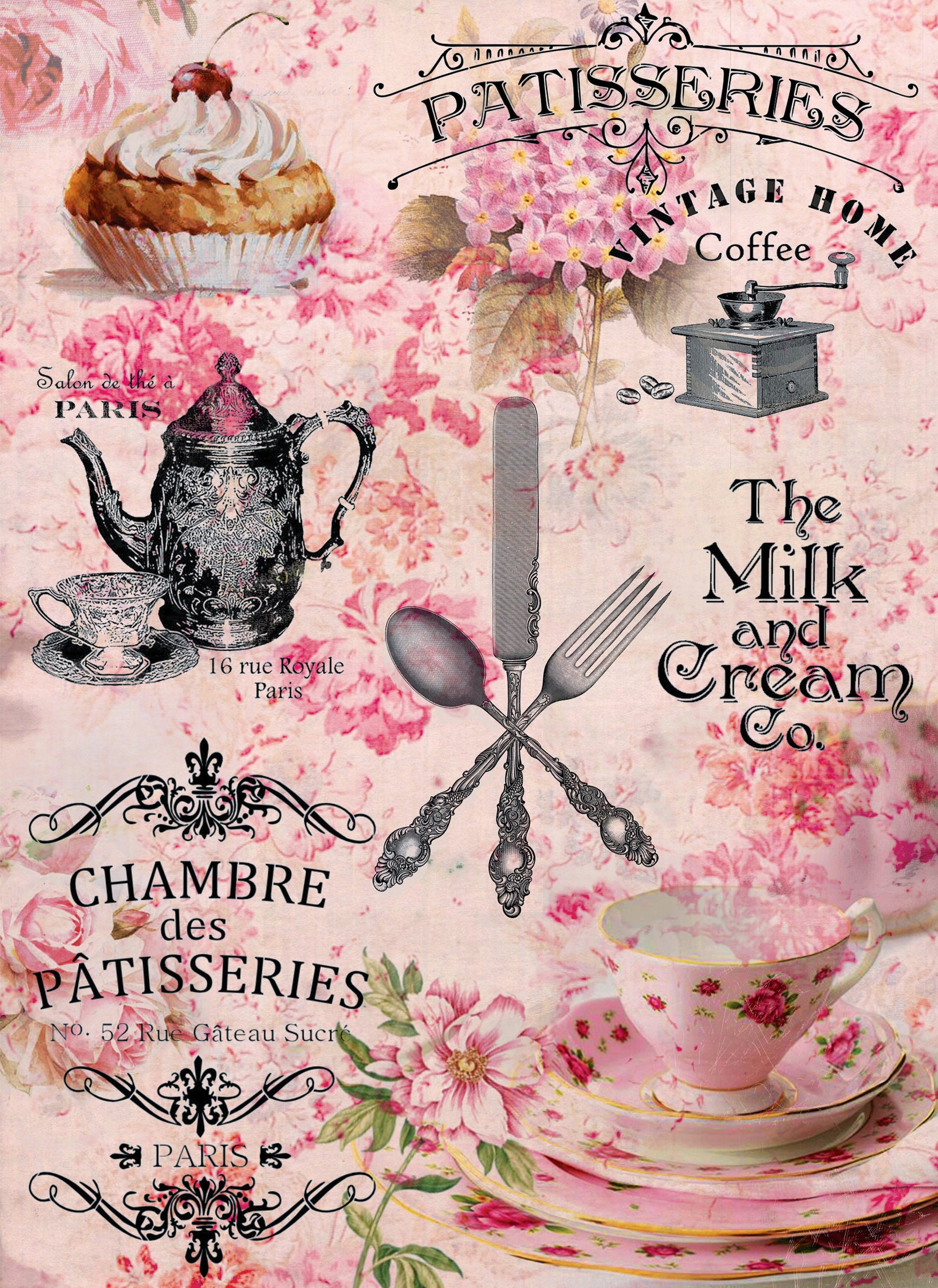 Large Decoupage Paper - Decoupage Art - Rice Paper for Decoupage - Vintage Decoupage - Pink Patisseries