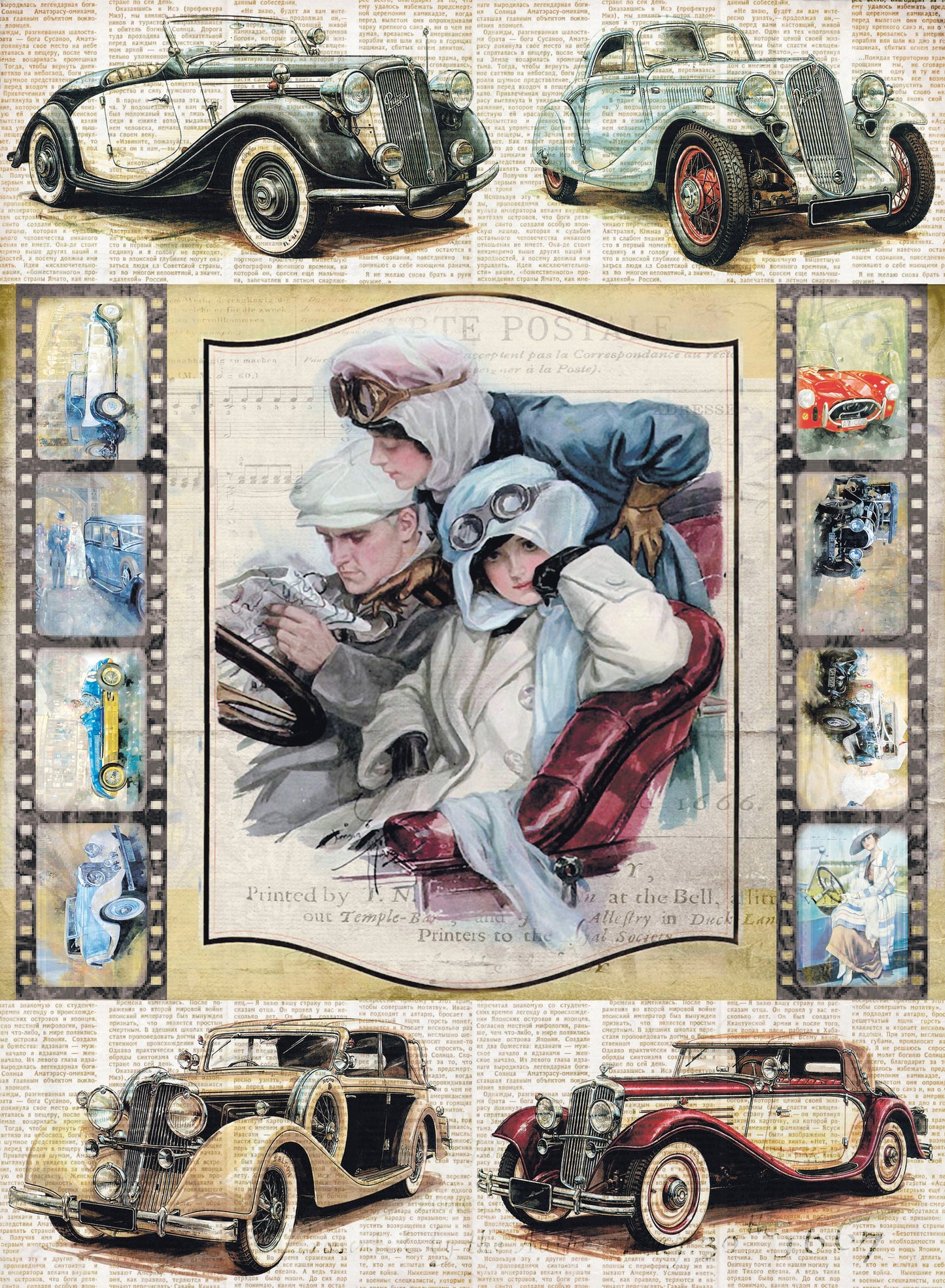 Large Decoupage Paper - Decoupage Art - Rice Paper for Decoupage - Vintage Decoupage - Cars Driver