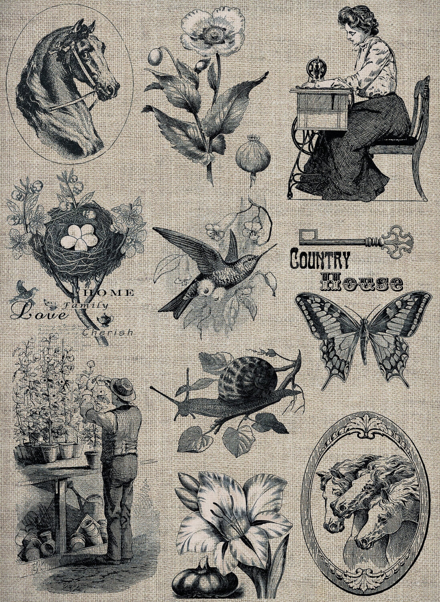 Large Decoupage Paper - Decoupage Art - Rice Paper for Decoupage - Decoupage for Furniture - Vintage Decoupage - Horse Butterfly Flowers