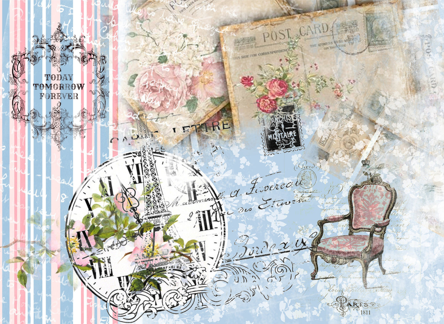 Large Decoupage Paper - Decoupage Art - Rice Paper for Decoupage - Decoupage for Furniture - Vintage Decoupage - Chair Clock Roses