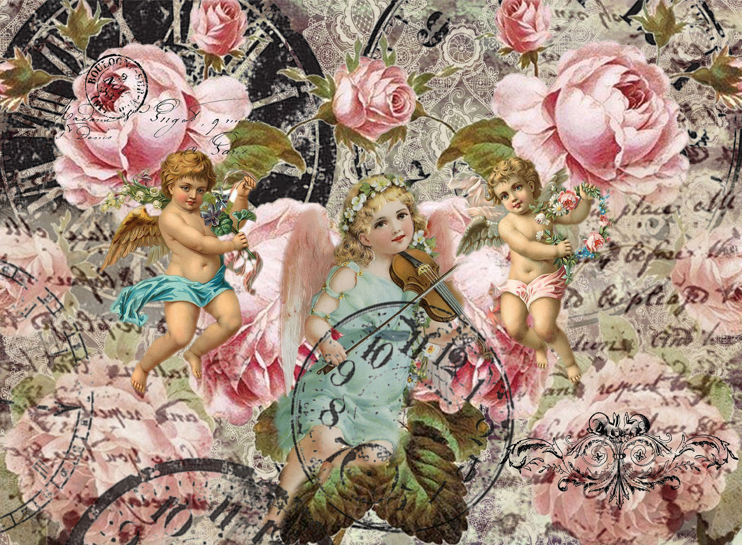 Large Decoupage Paper - Decoupage Art - Rice Paper for Decoupage - Decoupage for Furniture - Vintage Decoupage - Roses & Baby Angels
