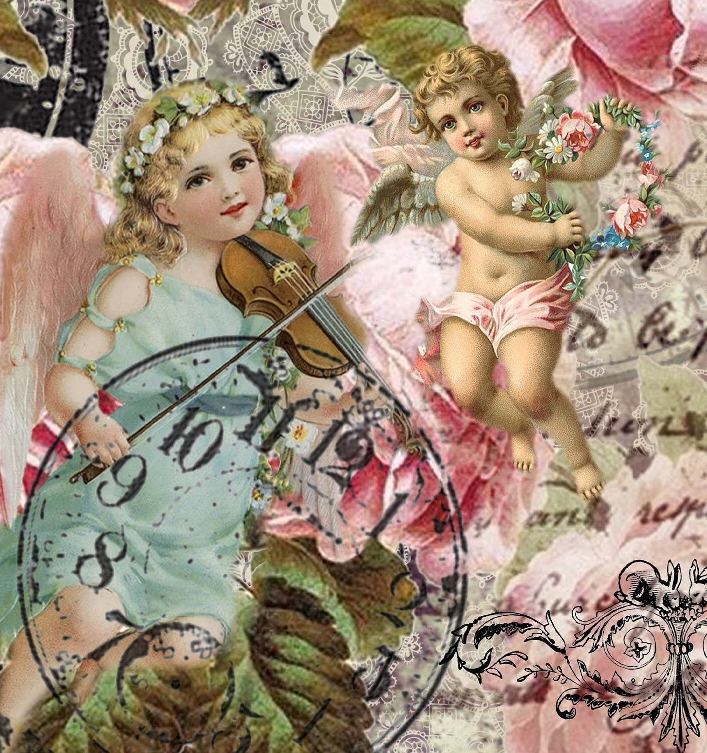 Large Decoupage Paper - Decoupage Art - Rice Paper for Decoupage - Decoupage for Furniture - Vintage Decoupage - Roses & Baby Angels