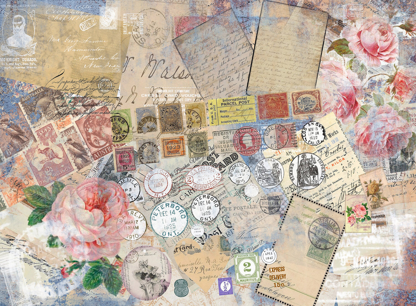 Large Decoupage Paper - Decoupage Art - Rice Paper for Decoupage - Decoupage for Furniture - Vintage Decoupage - Old Letter Stamp Postcard