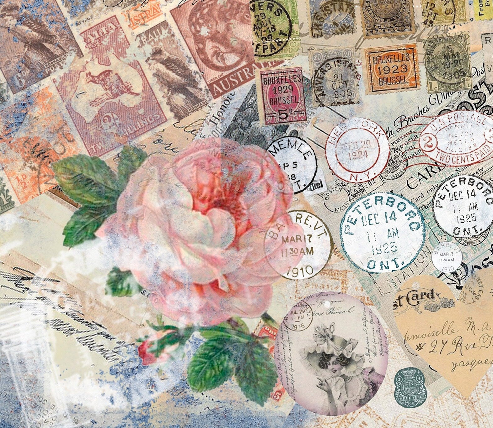 Large Decoupage Paper - Decoupage Art - Rice Paper for Decoupage - Decoupage for Furniture - Vintage Decoupage - Old Letter Stamp Postcard