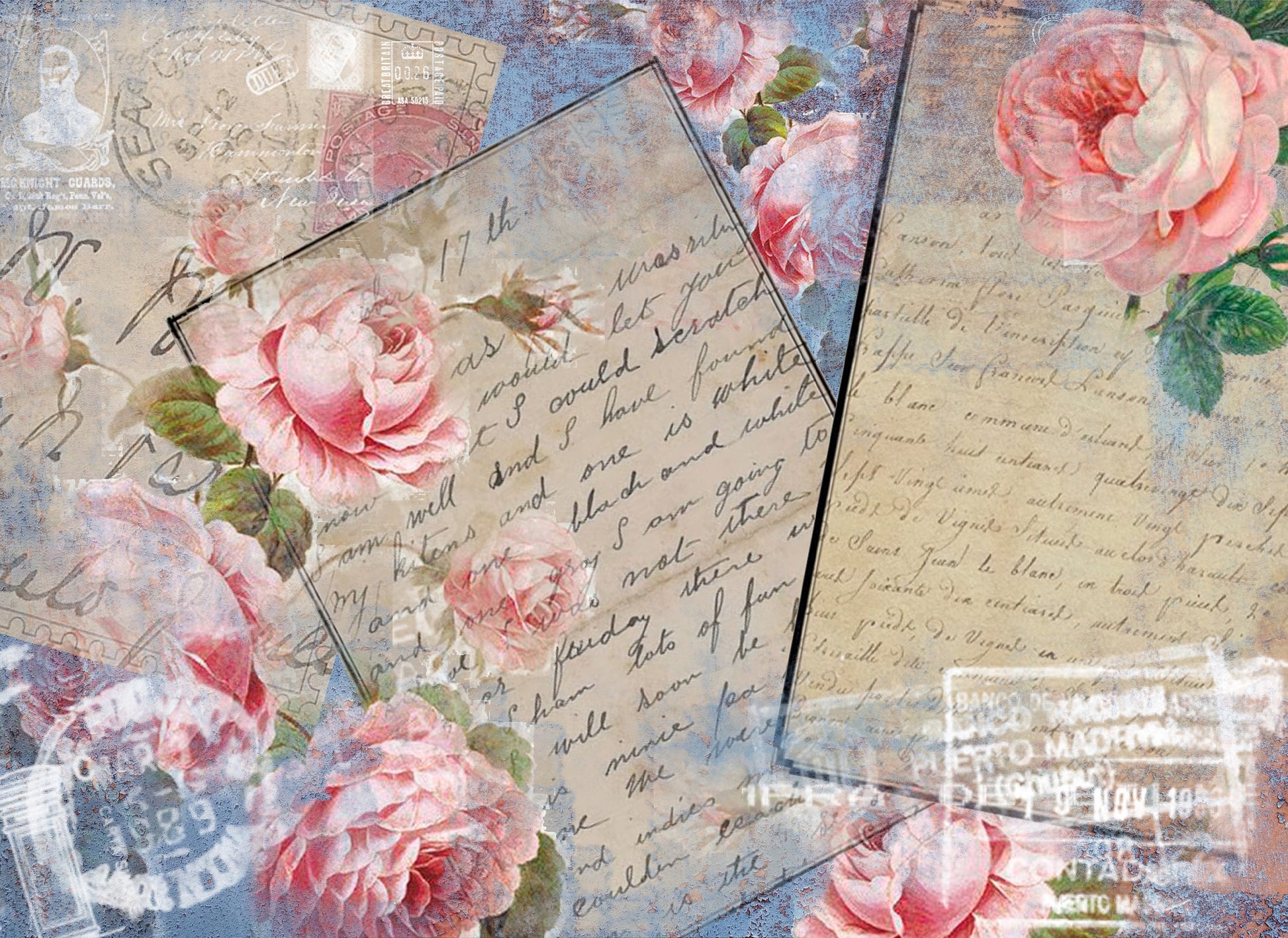 old letter roses decoupage paper