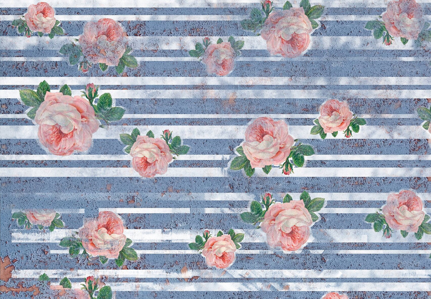 Large Decoupage Paper - Decoupage Art - Rice Paper for Decoupage - Decoupage for Furniture - Vintage Decoupage - Blue Stripe Pink Roses