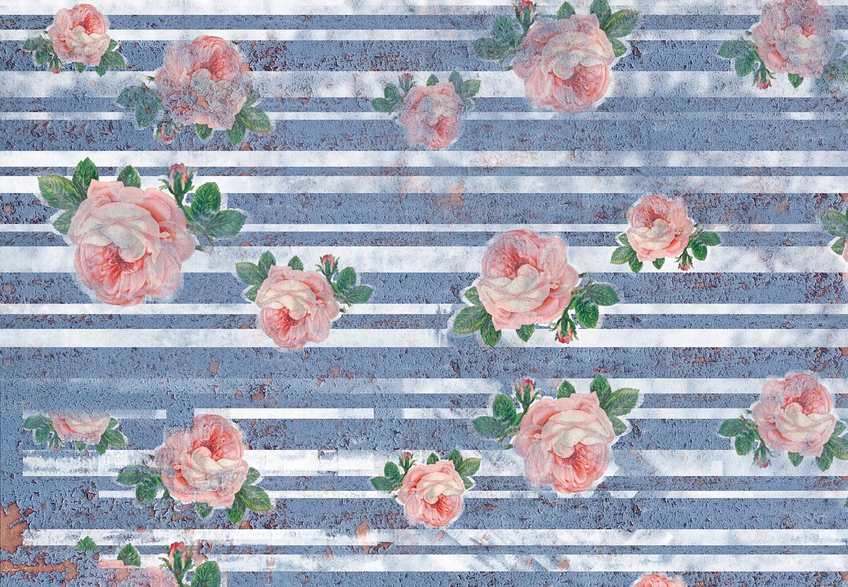 Large Decoupage Paper - Decoupage Art - Rice Paper for Decoupage - Decoupage for Furniture - Vintage Decoupage - Blue Stripe Pink Roses