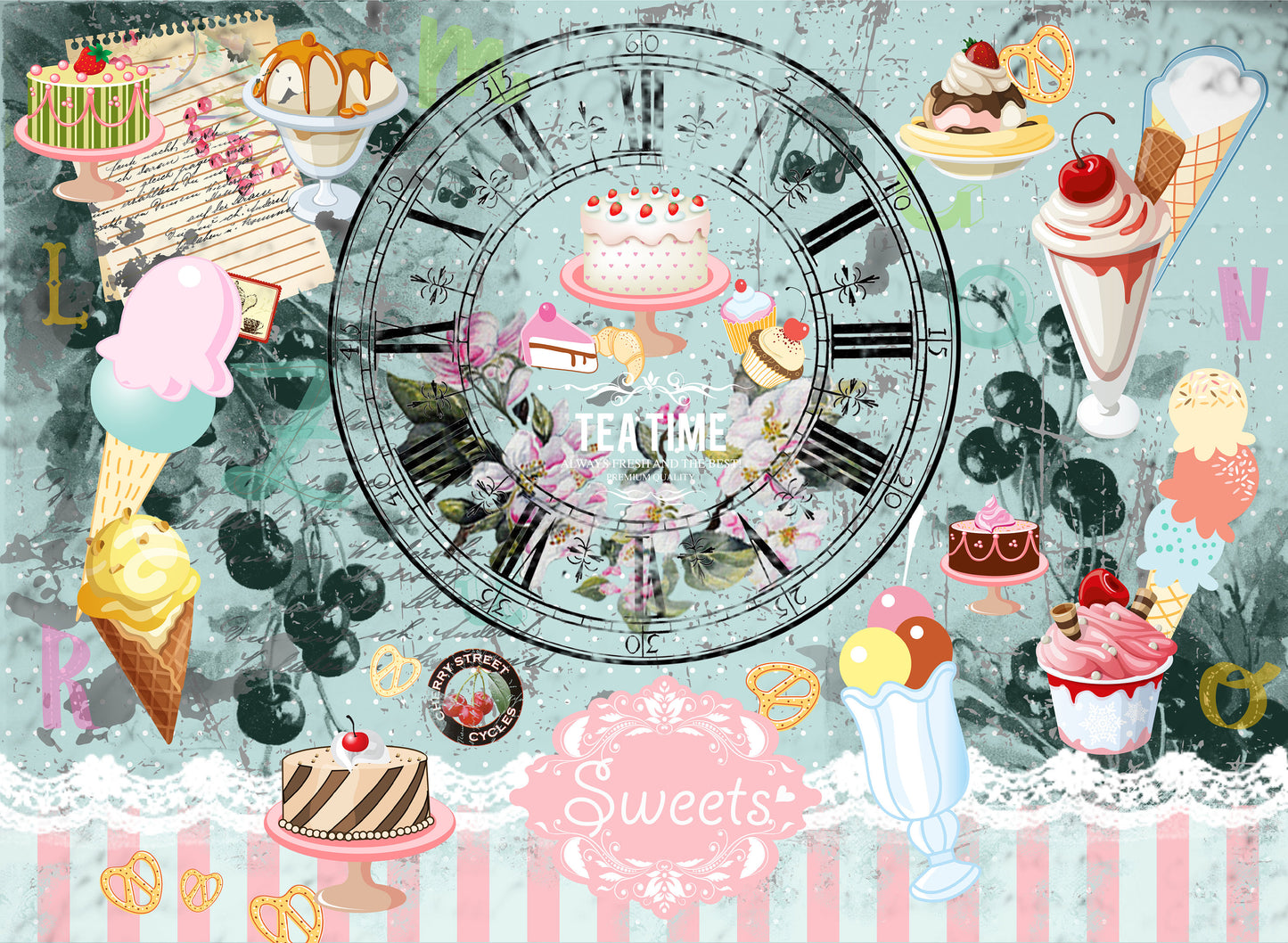 Large Decoupage Paper - Decoupage Art - Rice Paper for Decoupage - Decoupage for Furniture - Vintage Decoupage - Sweet Ice Cream Clock