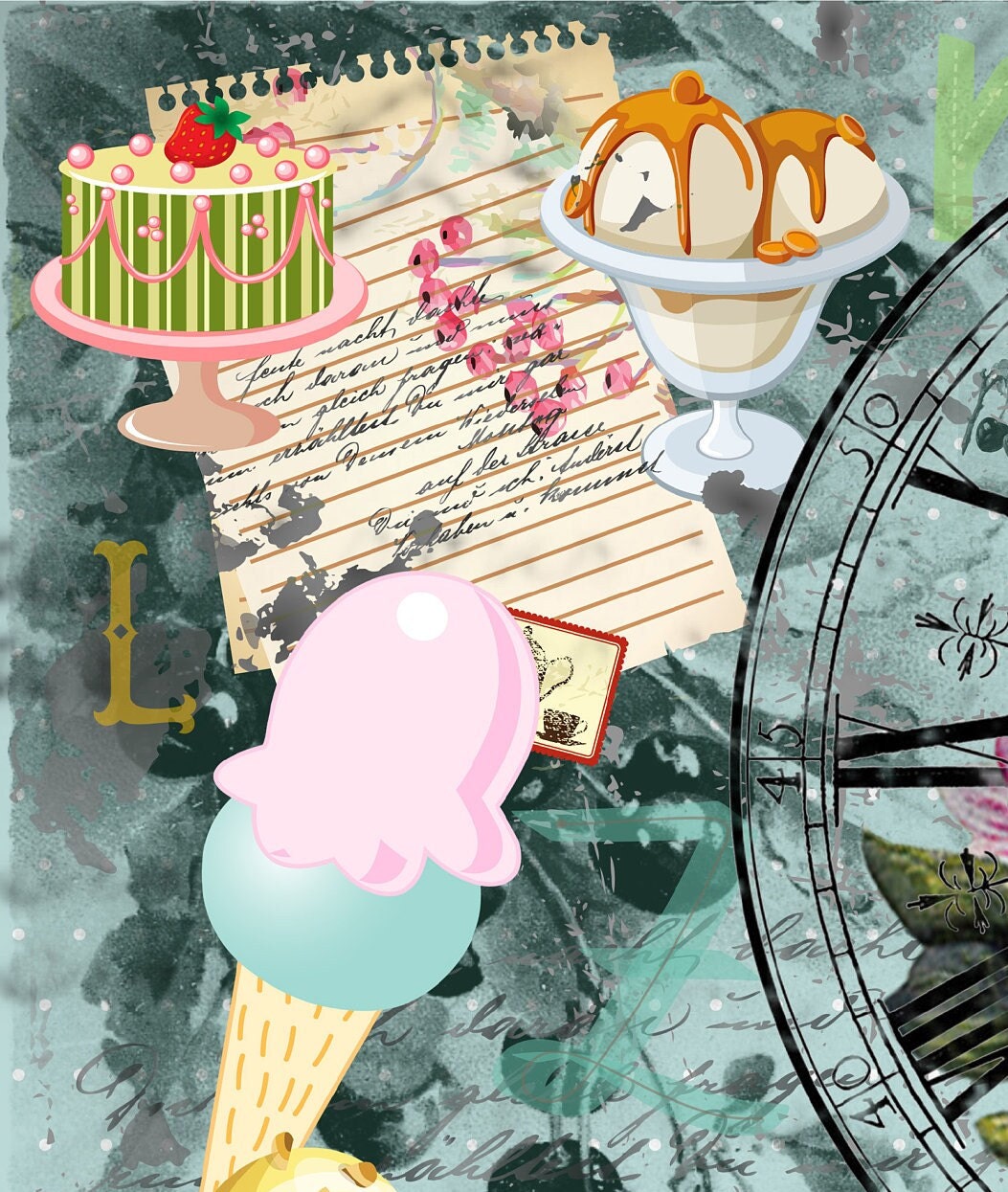 Large Decoupage Paper - Decoupage Art - Rice Paper for Decoupage - Decoupage for Furniture - Vintage Decoupage - Sweet Ice Cream Clock