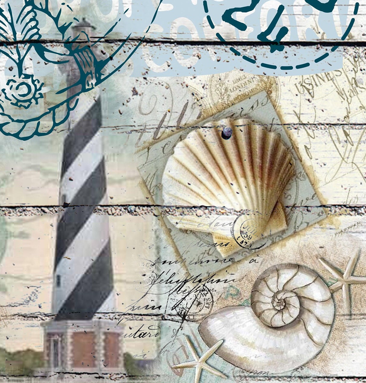 Large Decoupage Paper - Sea Life Rice Paper - Furniture Makeover - Vintage - Beach Lighthouse Seastar