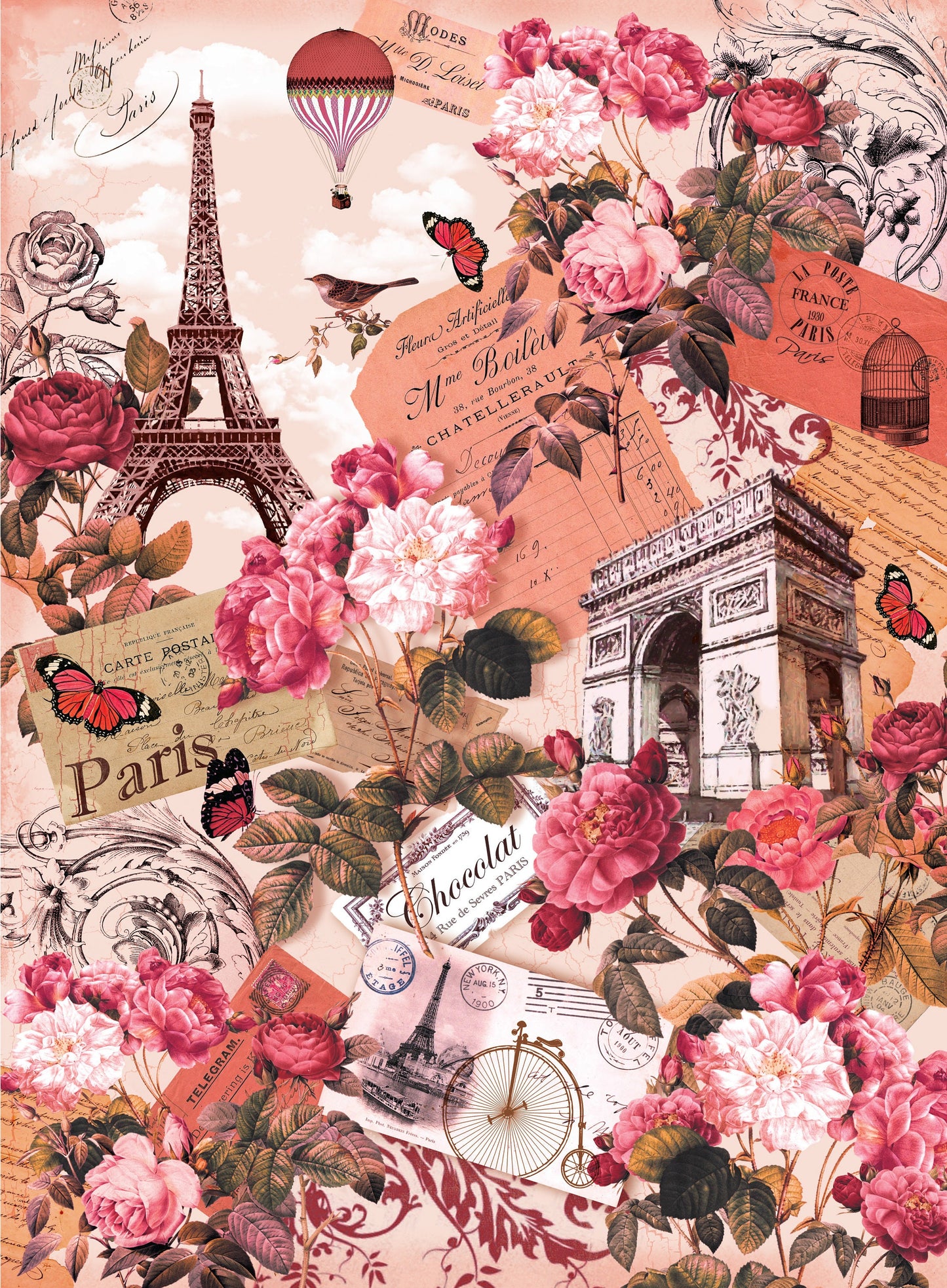 Paris Floral Decoupage Paper - Large Rice Paper for Decoupage - Furniture Decoupage - Vintage Decoupage