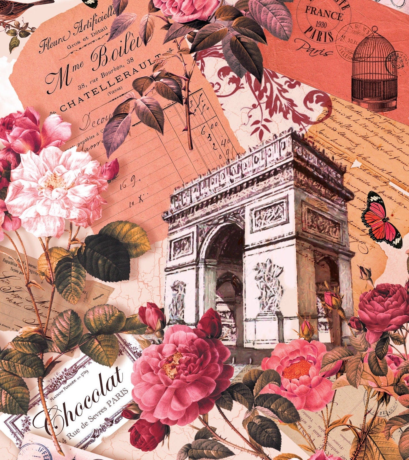 Paris Floral Decoupage Paper - Large Rice Paper for Decoupage - Furniture Decoupage - Vintage Decoupage