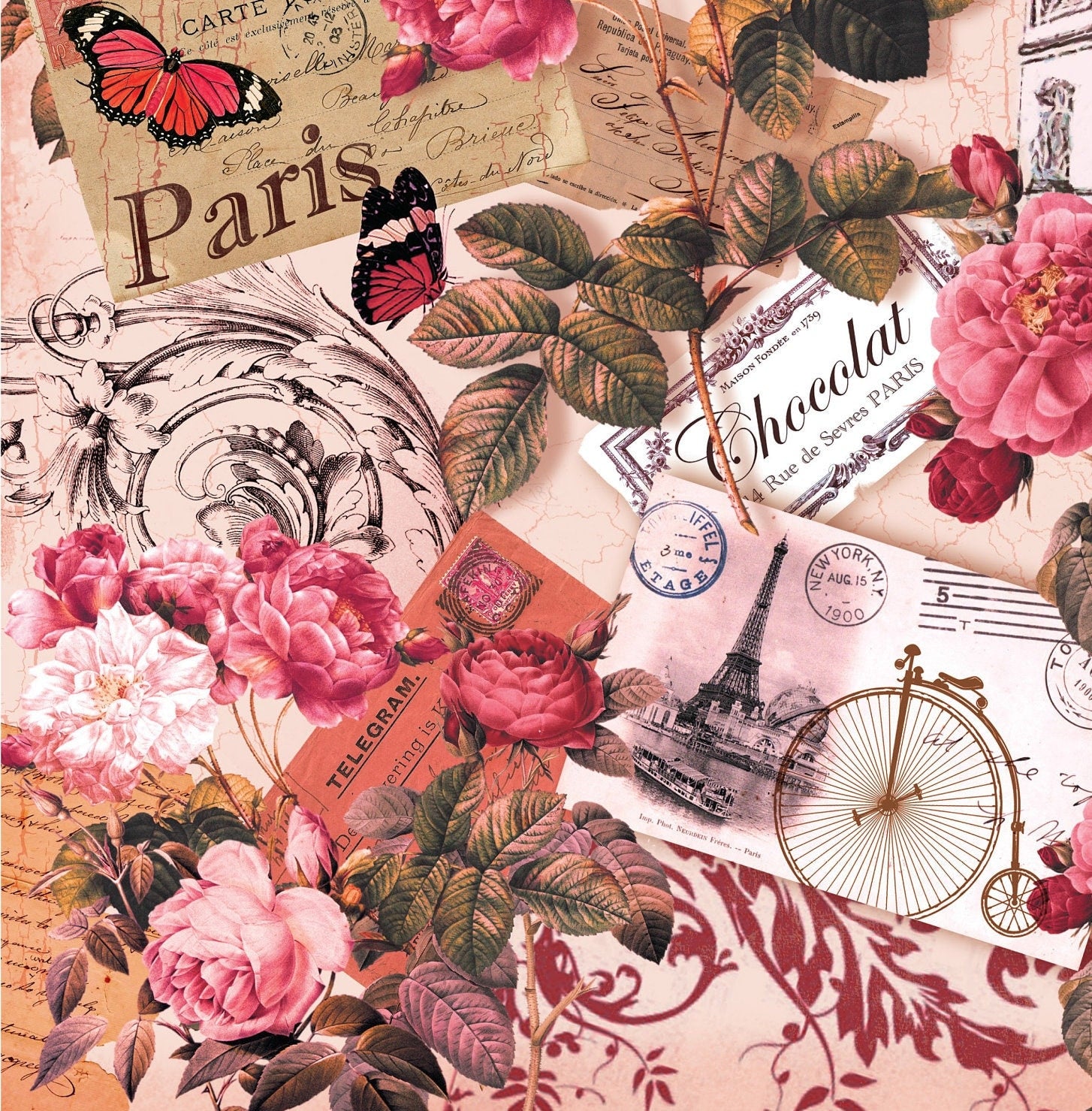 Paris Floral Decoupage Paper - Large Rice Paper for Decoupage - Furniture Decoupage - Vintage Decoupage