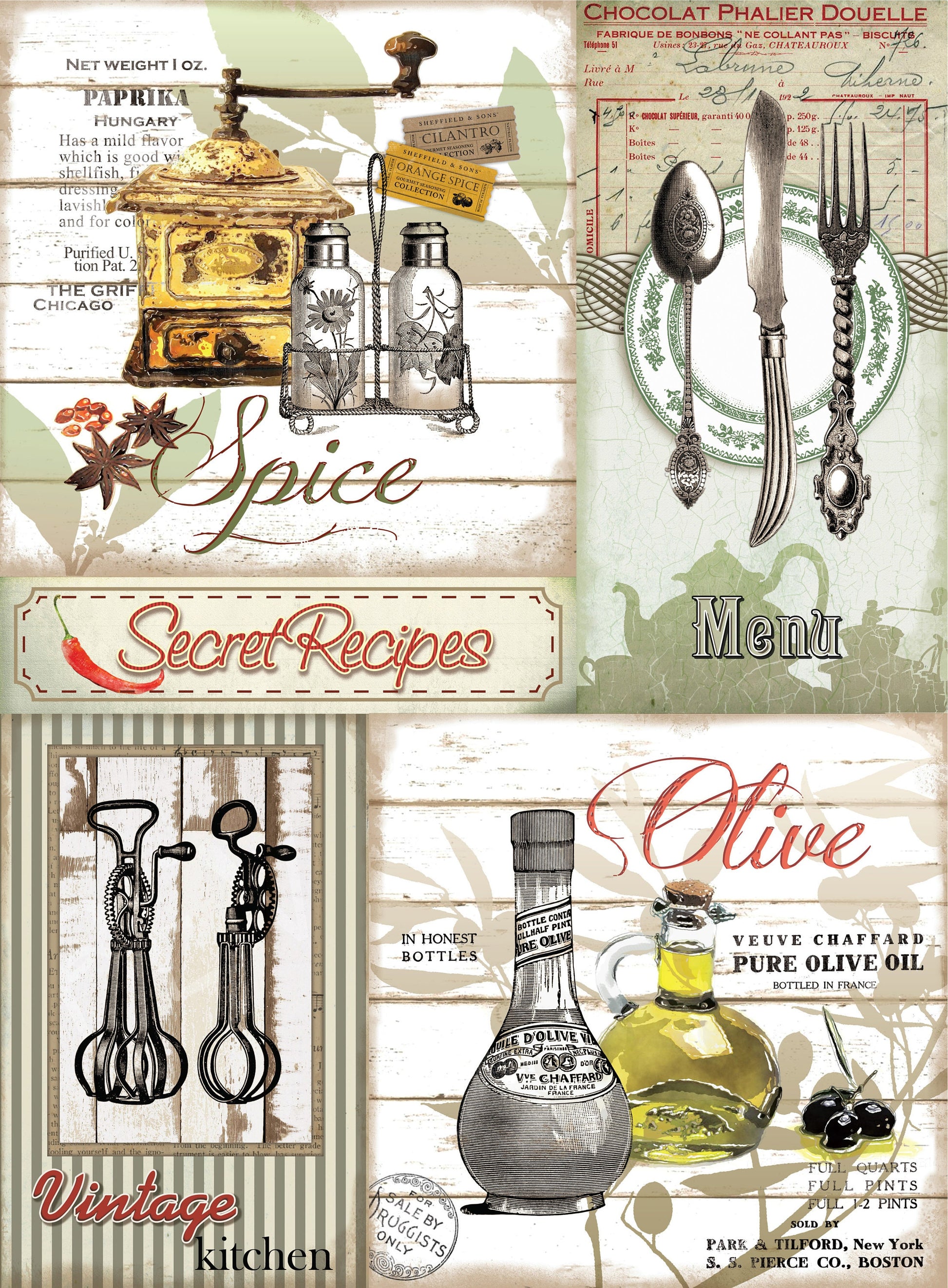 Large Rice Paper for Decoupage - Furniture Decoupage - Vintage Decoupage - Spice Kitchen Olive