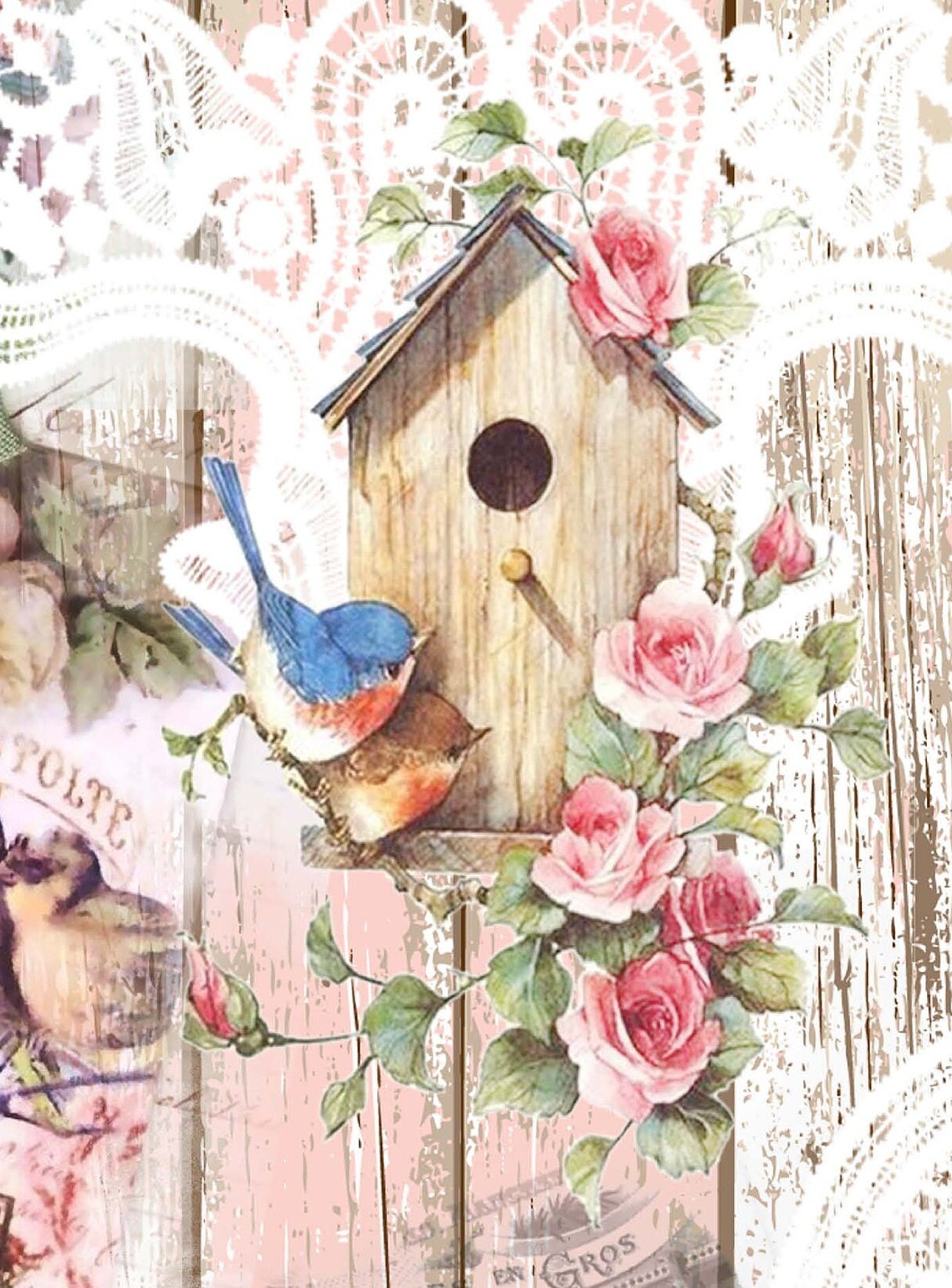 Large Rice Paper for Decoupage - Furniture Decoupage - Vintage Decoupage - Floral Decoupage Paper - Birds Roses