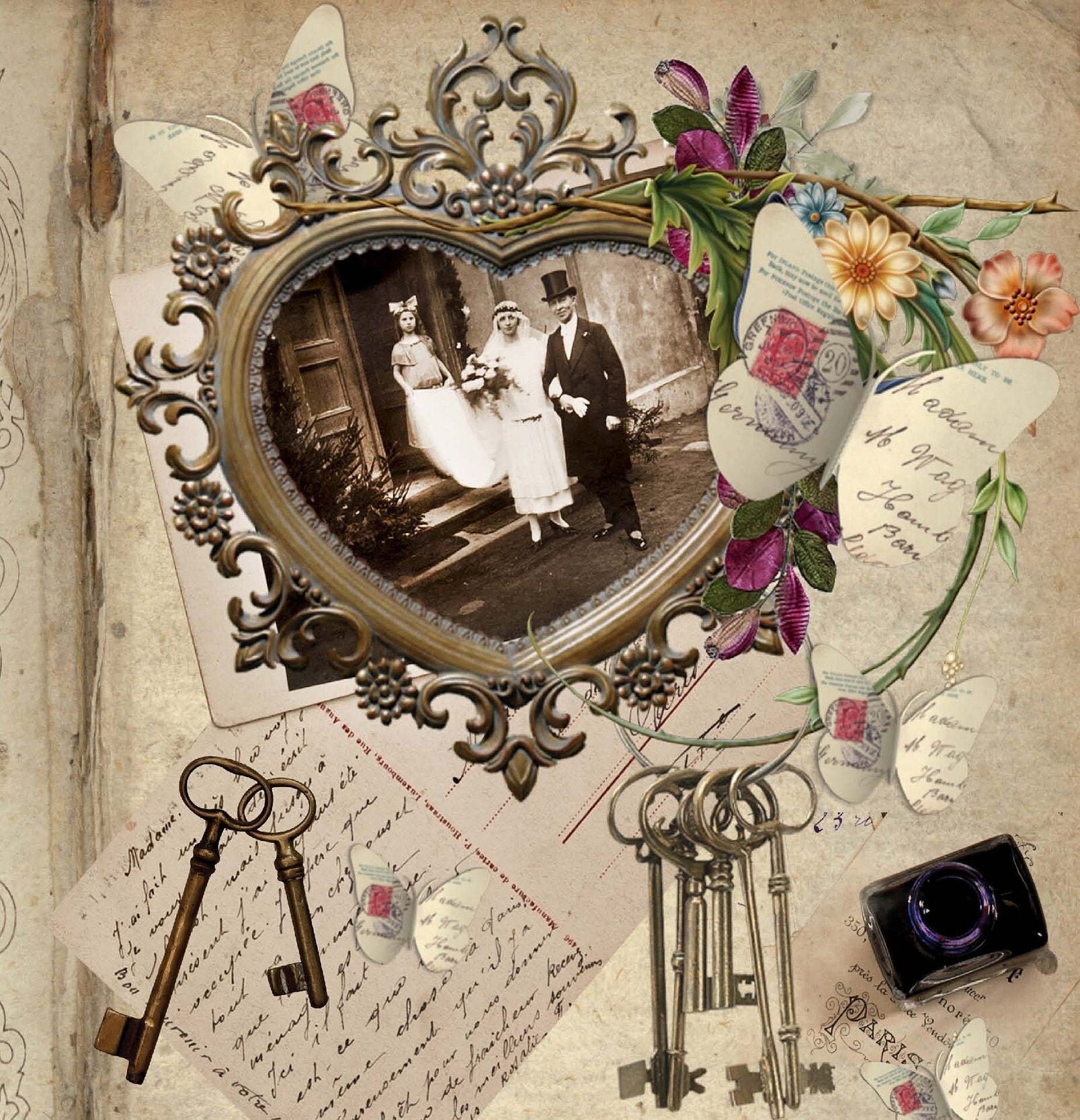 Large Rice Paper for Decoupage - Furniture Decoupage - Vintage Decoupage - Floral Decoupage Paper - Butterfly Key Old Frame