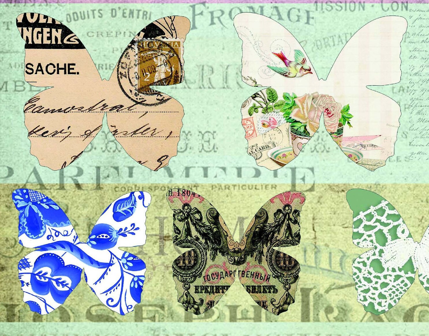 Large Rice Paper for Decoupage - Furniture Decoupage - Vintage Decoupage - Decoupage Paper - Green Butterfly