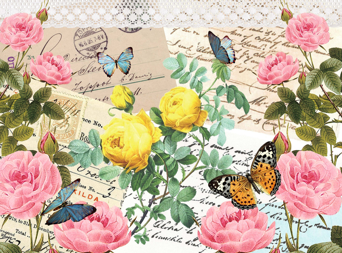 Large Rice Paper for Decoupage - Furniture Decoupage - Vintage Decoupage - Floral Decoupage Paper - Pink Yellow Rose Butterfly