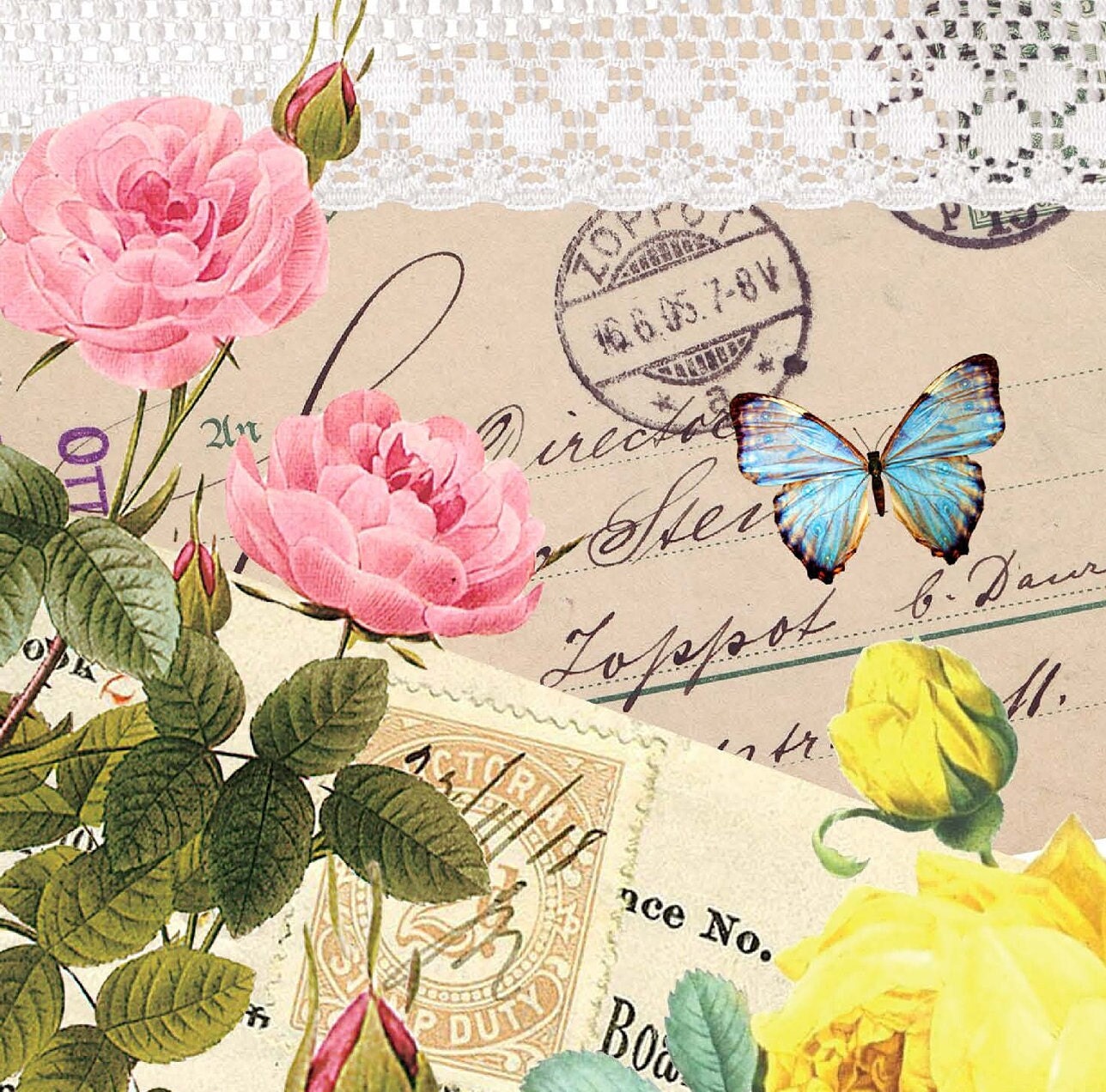 Large Rice Paper for Decoupage - Furniture Decoupage - Vintage Decoupage - Floral Decoupage Paper - Pink Yellow Rose Butterfly