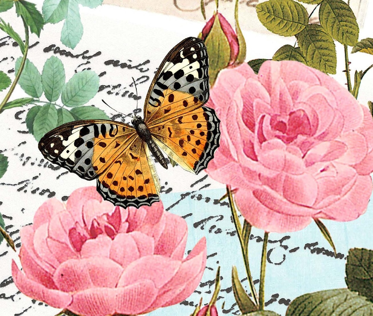 Large Rice Paper for Decoupage - Furniture Decoupage - Vintage Decoupage - Floral Decoupage Paper - Pink Yellow Rose Butterfly