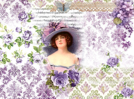 Large Rice Paper for Decoupage - Furniture Decoupage - Vintage Decoupage - Floral Decoupage Paper - Purple Flowers Women with Hat