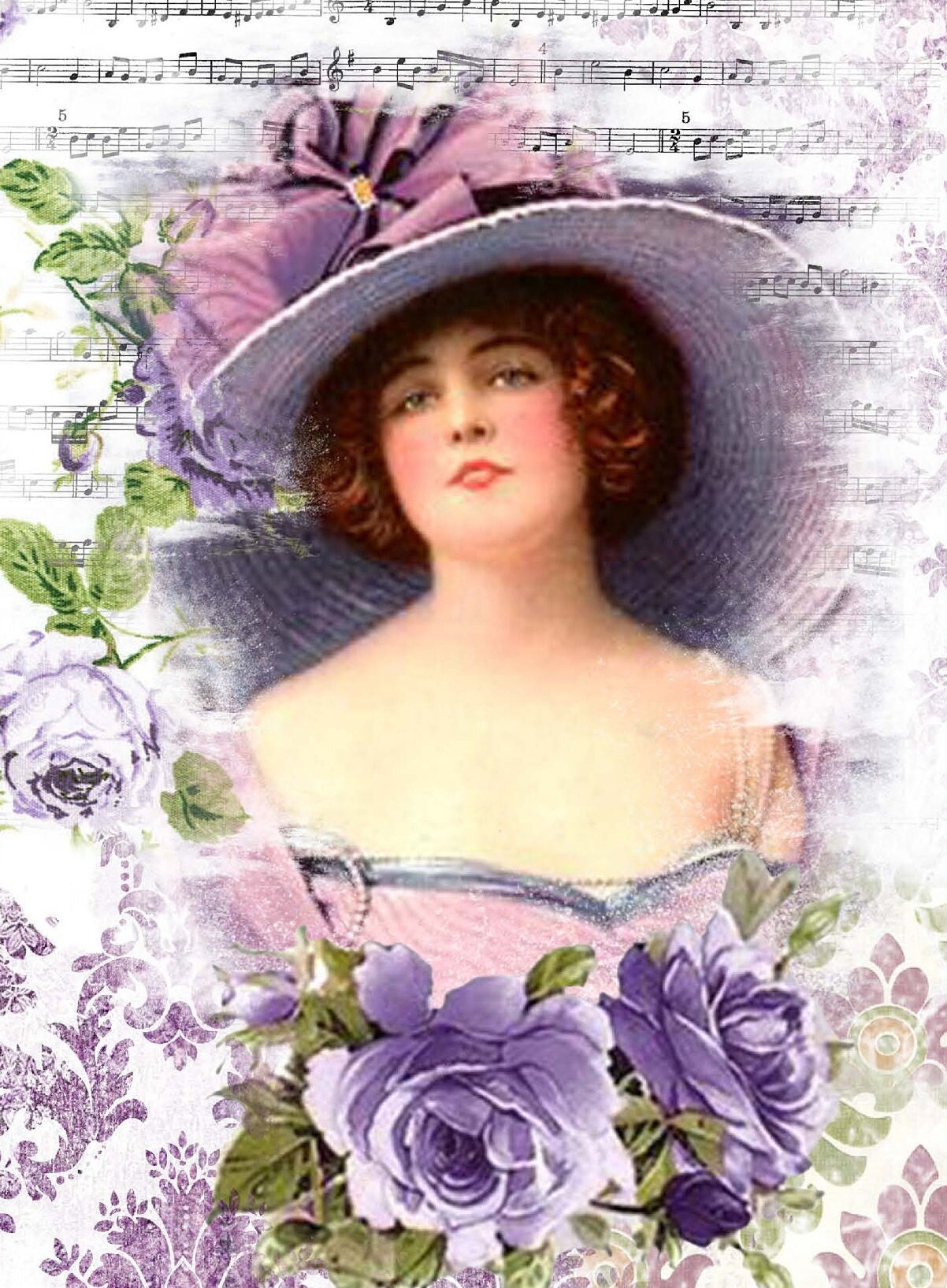 Large Rice Paper for Decoupage - Furniture Decoupage - Vintage Decoupage - Floral Decoupage Paper - Purple Flowers Women with Hat