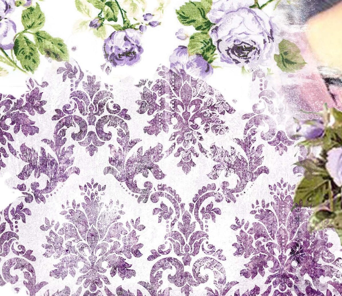 Large Rice Paper for Decoupage - Furniture Decoupage - Vintage Decoupage - Floral Decoupage Paper - Purple Flowers Women with Hat