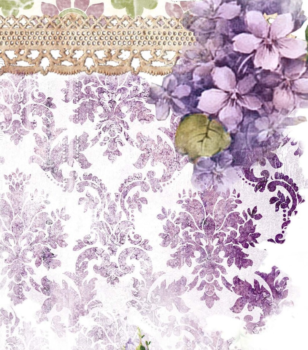 Large Rice Paper for Decoupage - Furniture Decoupage - Vintage Decoupage - Floral Decoupage Paper - Purple Flowers Women with Hat