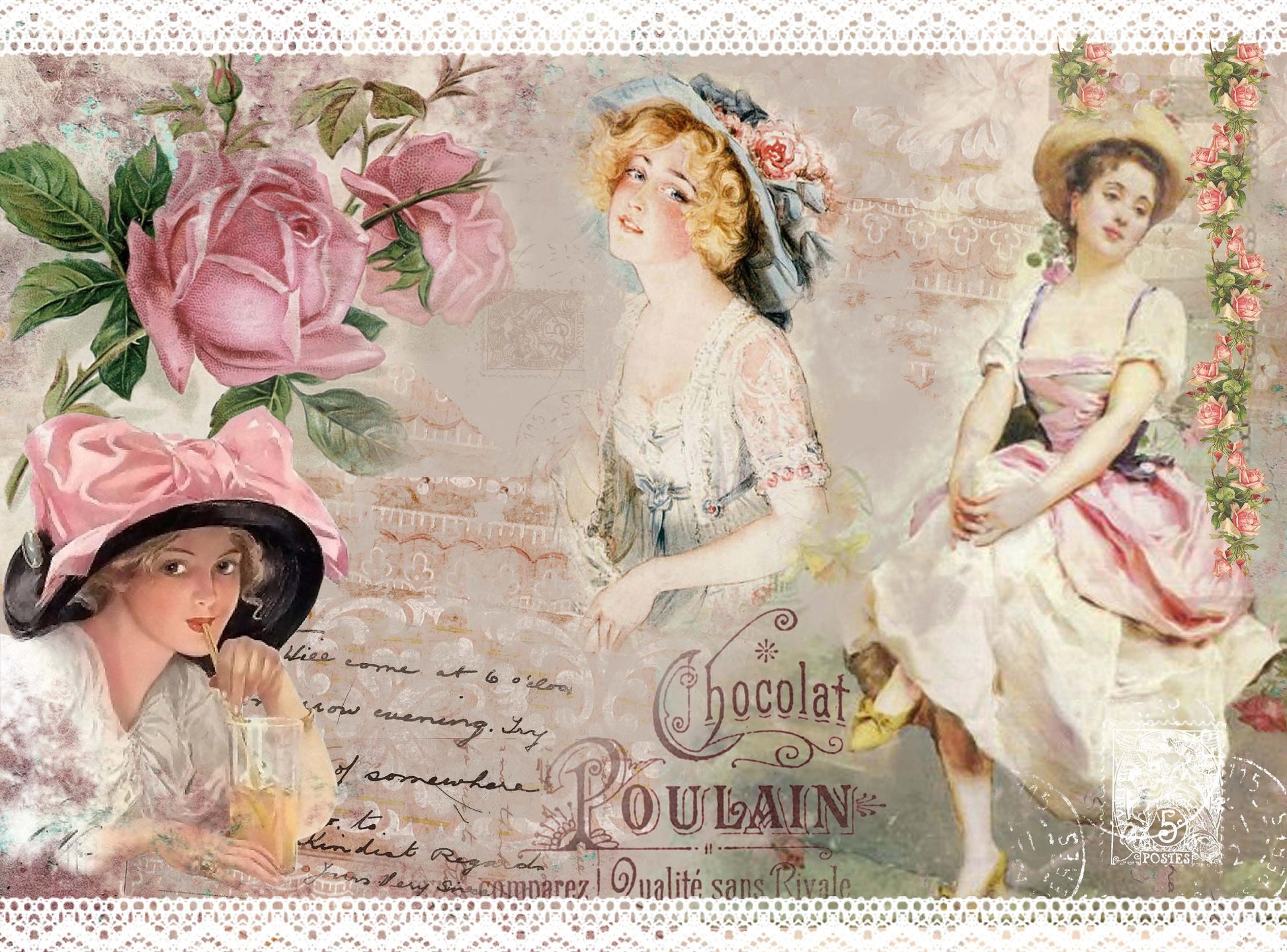 Large Rice Paper for Decoupage - Furniture Decoupage - Vintage Decoupage - Floral Decoupage Paper - Roses Little Girls