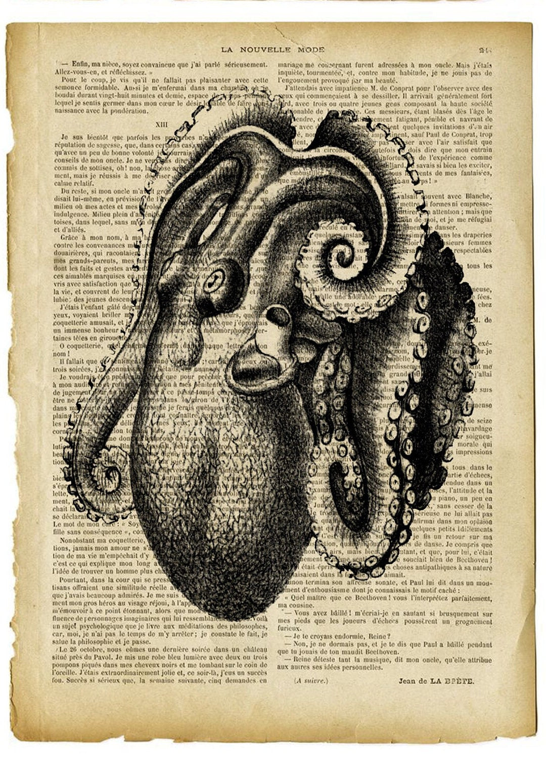 Large Rice Paper for Decoupage - Furniture Decoupage - Vintage Decoupage - Decoupage Paper - Old Book Sheet Octopus Crab