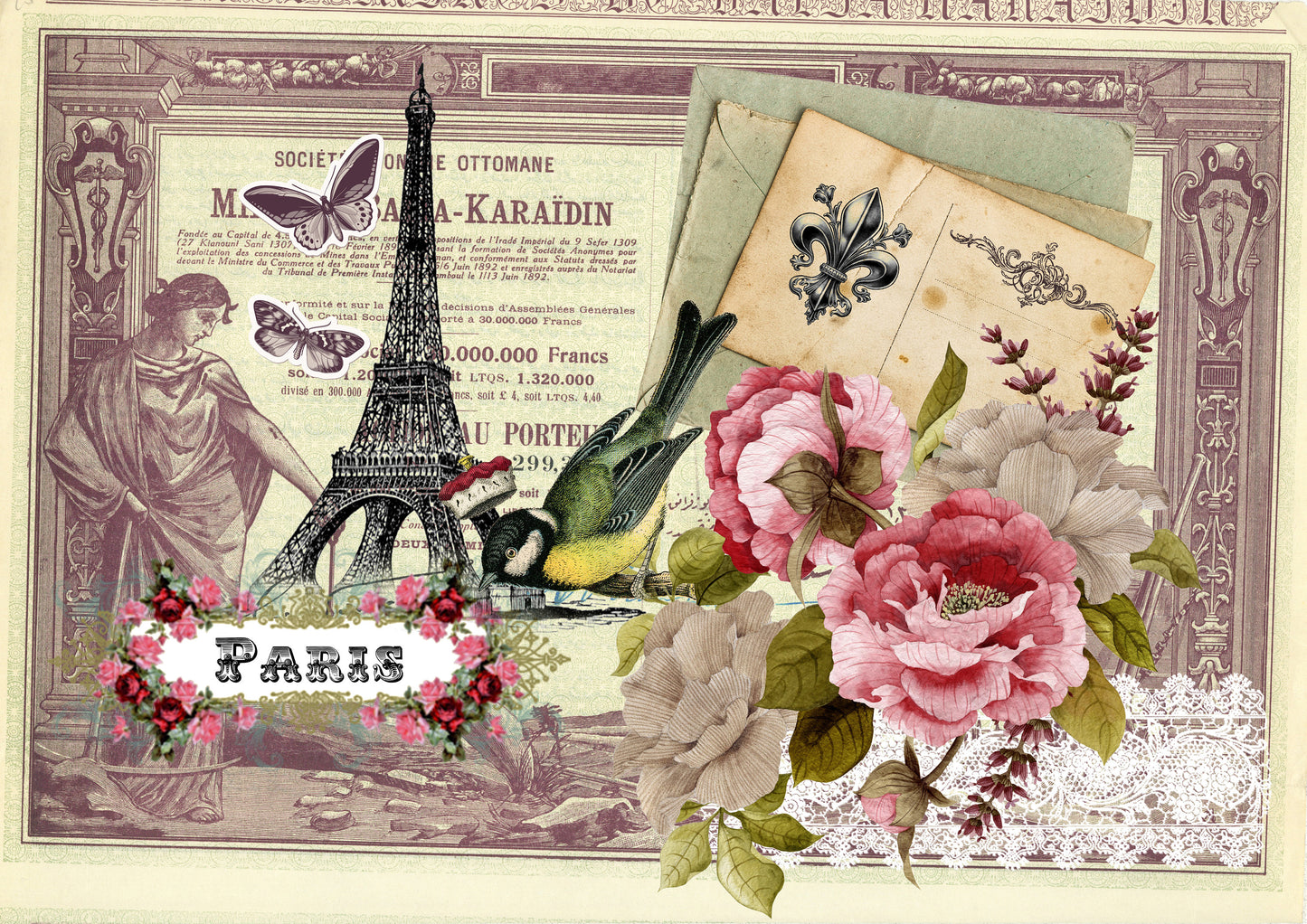 Paris Rose Bird - Large Rice Paper for Decoupage - Furniture Decoupage - Vintage Decoupage - Floral Decoupage Paper