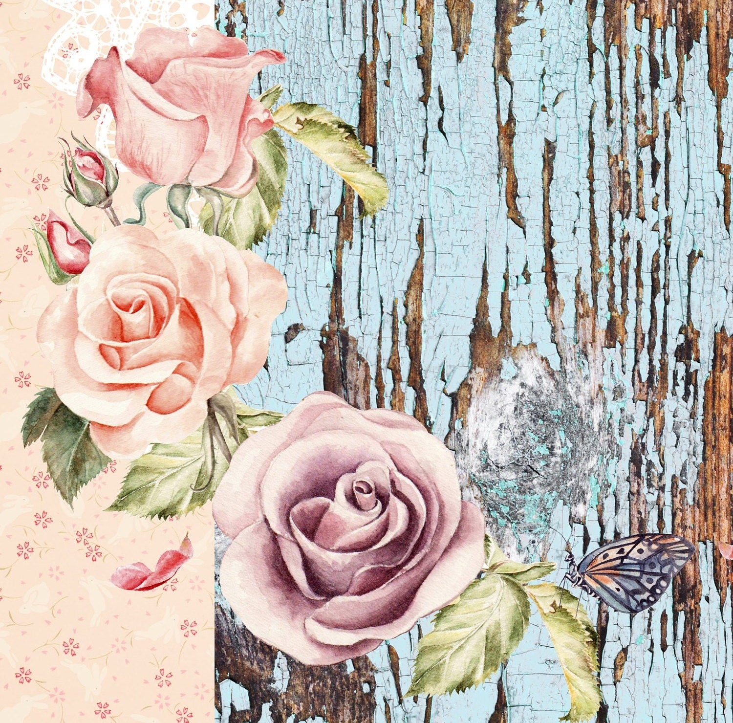 Roses Wooden Floor - Large Rice Paper for Decoupage - Furniture Decoupage - Vintage Decoupage - Decoupage Paper