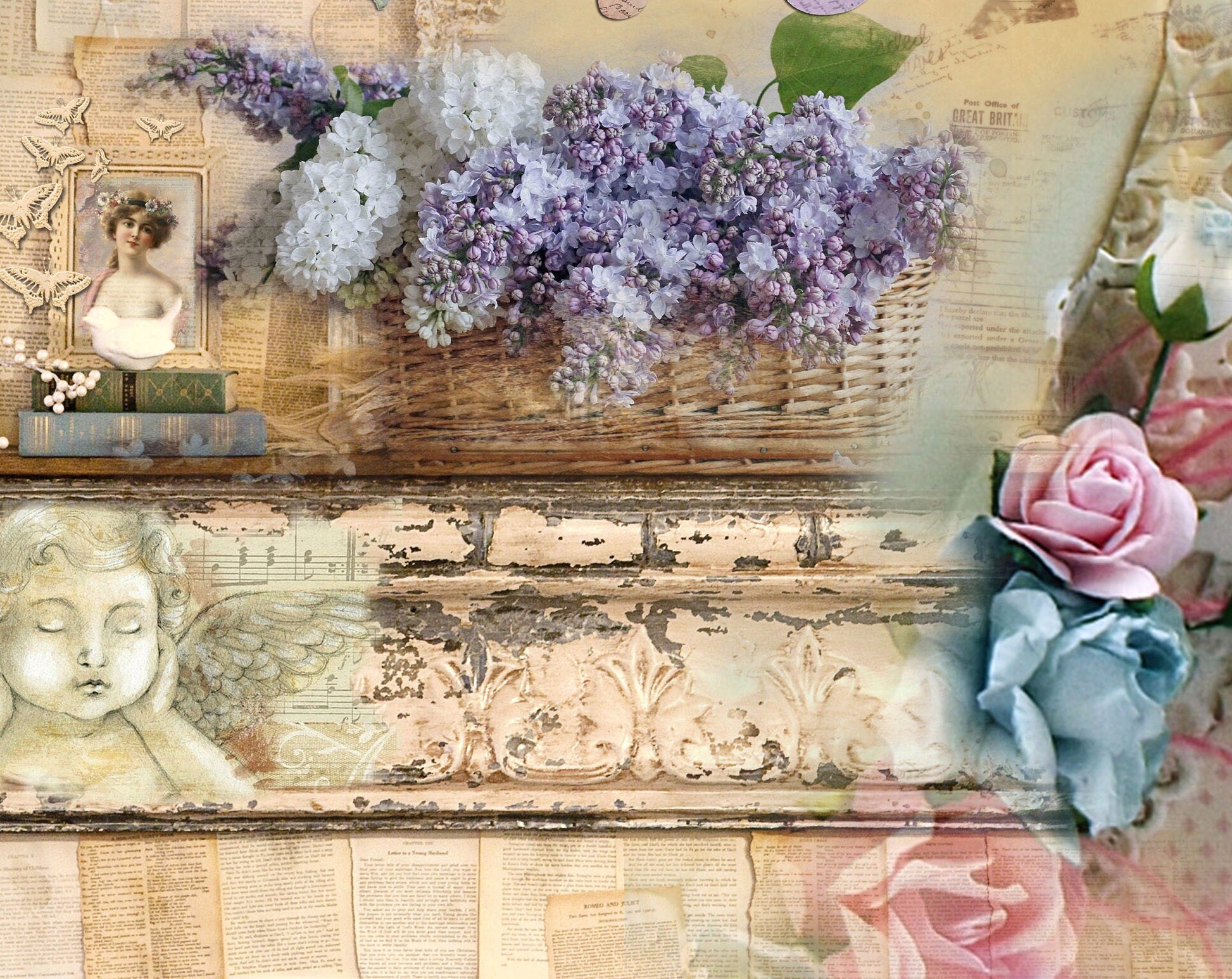 Purple Flowers - Large Rice Paper for Decoupage - Furniture Decoupage - Vintage Decoupage - Floral Decoupage Paper