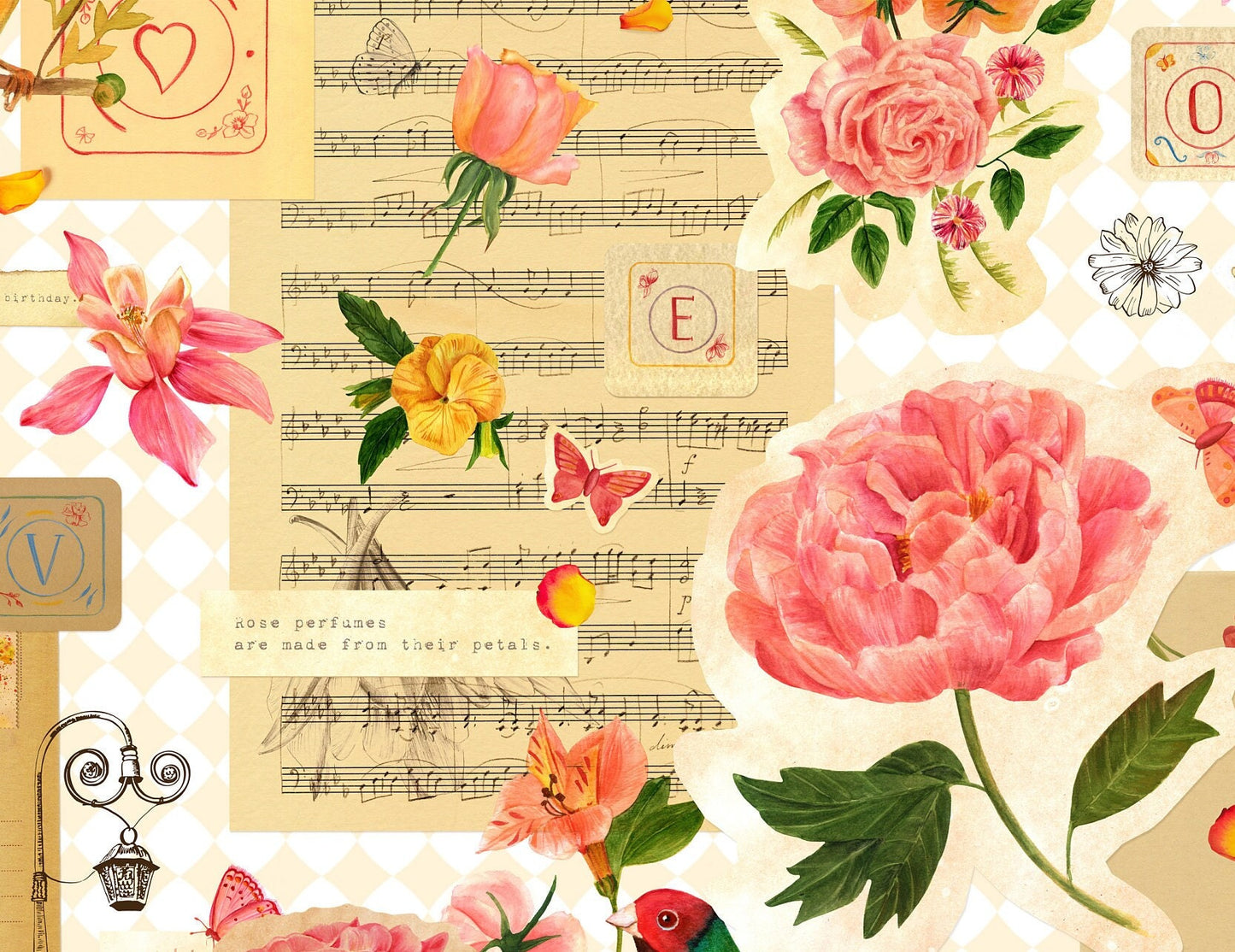 Large Decoupage for Furniture - Vintage Decoupage - Floral Decoupage Paper - Rice Paper - Pink Orange Flowers Exotic Bird