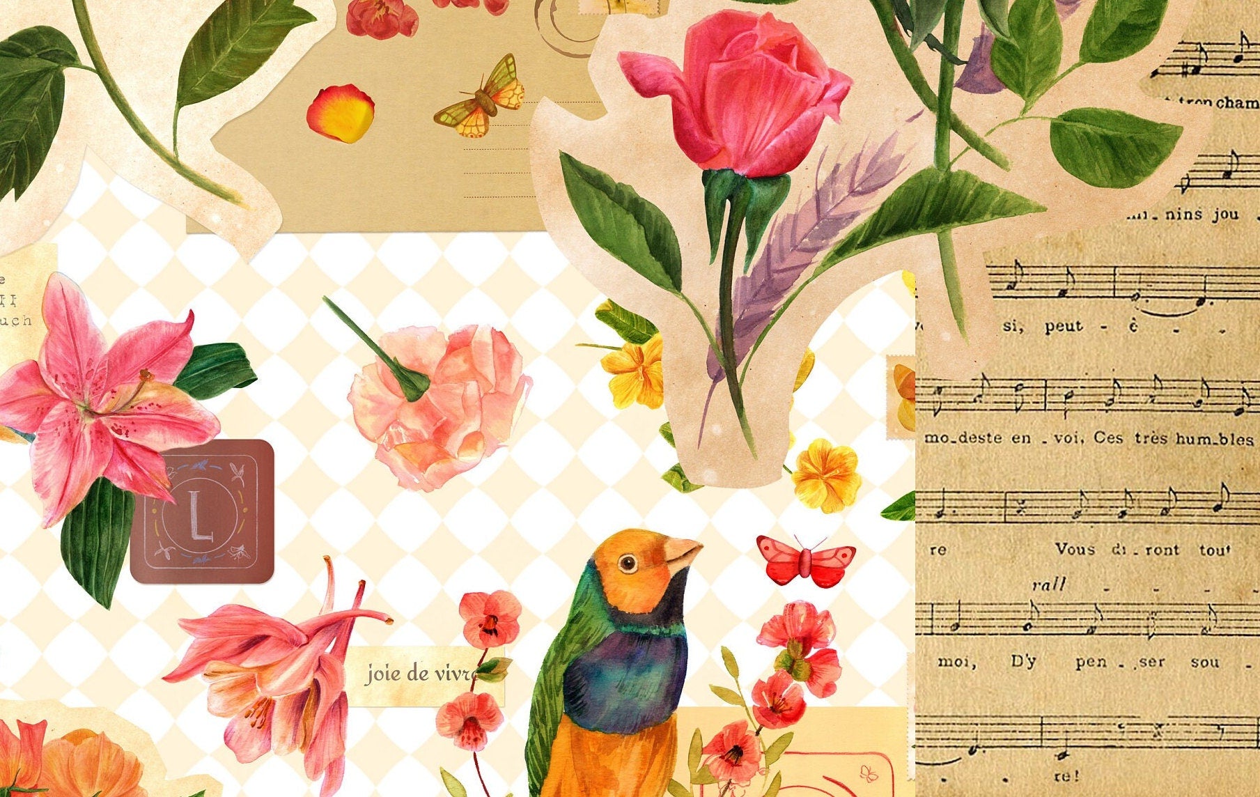 Large Decoupage for Furniture - Vintage Decoupage - Floral Decoupage Paper - Rice Paper - Pink Orange Flowers Exotic Bird