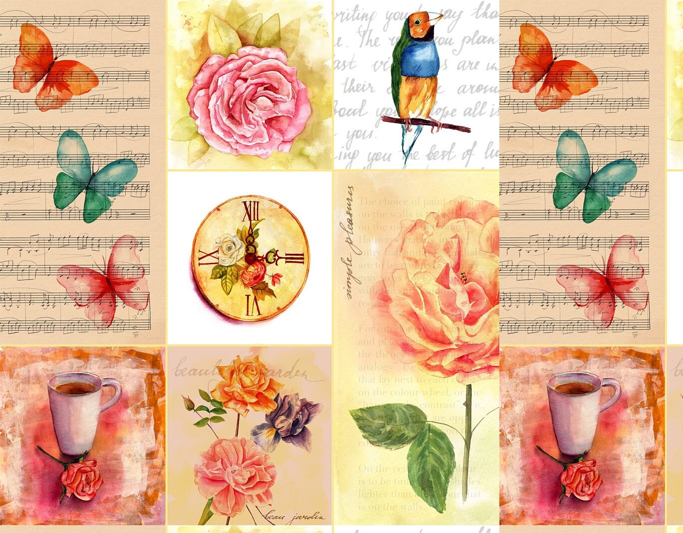 Large Decoupage for Furniture - Vintage Decoupage - Floral Decoupage Paper - Rice Paper - Pink Red Flowers Birds Butterfly