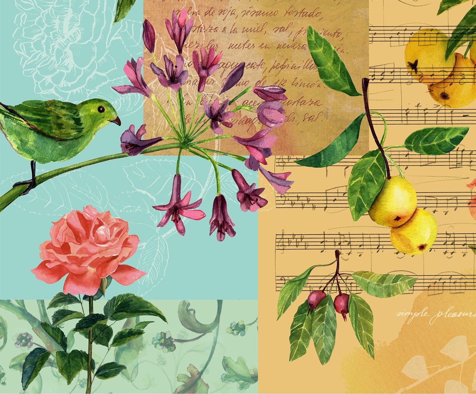 Large Decoupage for Furniture - Vintage Decoupage - Floral Decoupage Paper - Rice Paper - Pink Red Flowers Birds Lemon