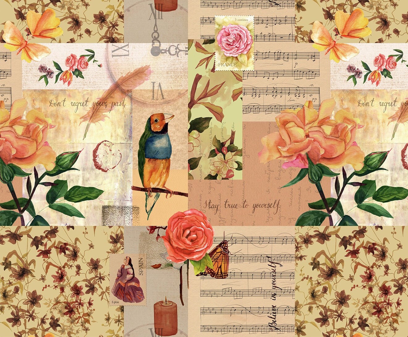 Large Decoupage for Furniture - Vintage Decoupage - Floral Decoupage Paper - Rice Paper - Pink Red Flowers Exotic Bird