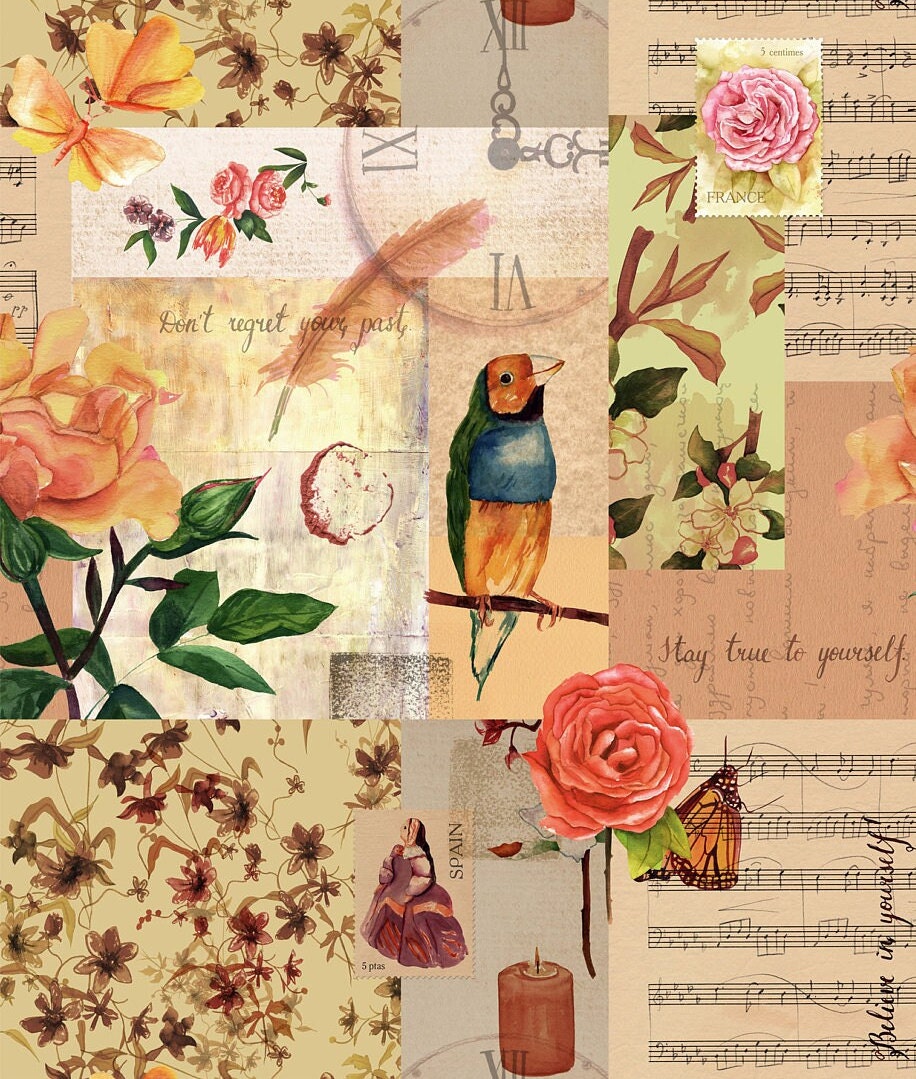 Large Decoupage for Furniture - Vintage Decoupage - Floral Decoupage Paper - Rice Paper - Pink Red Flowers Exotic Bird