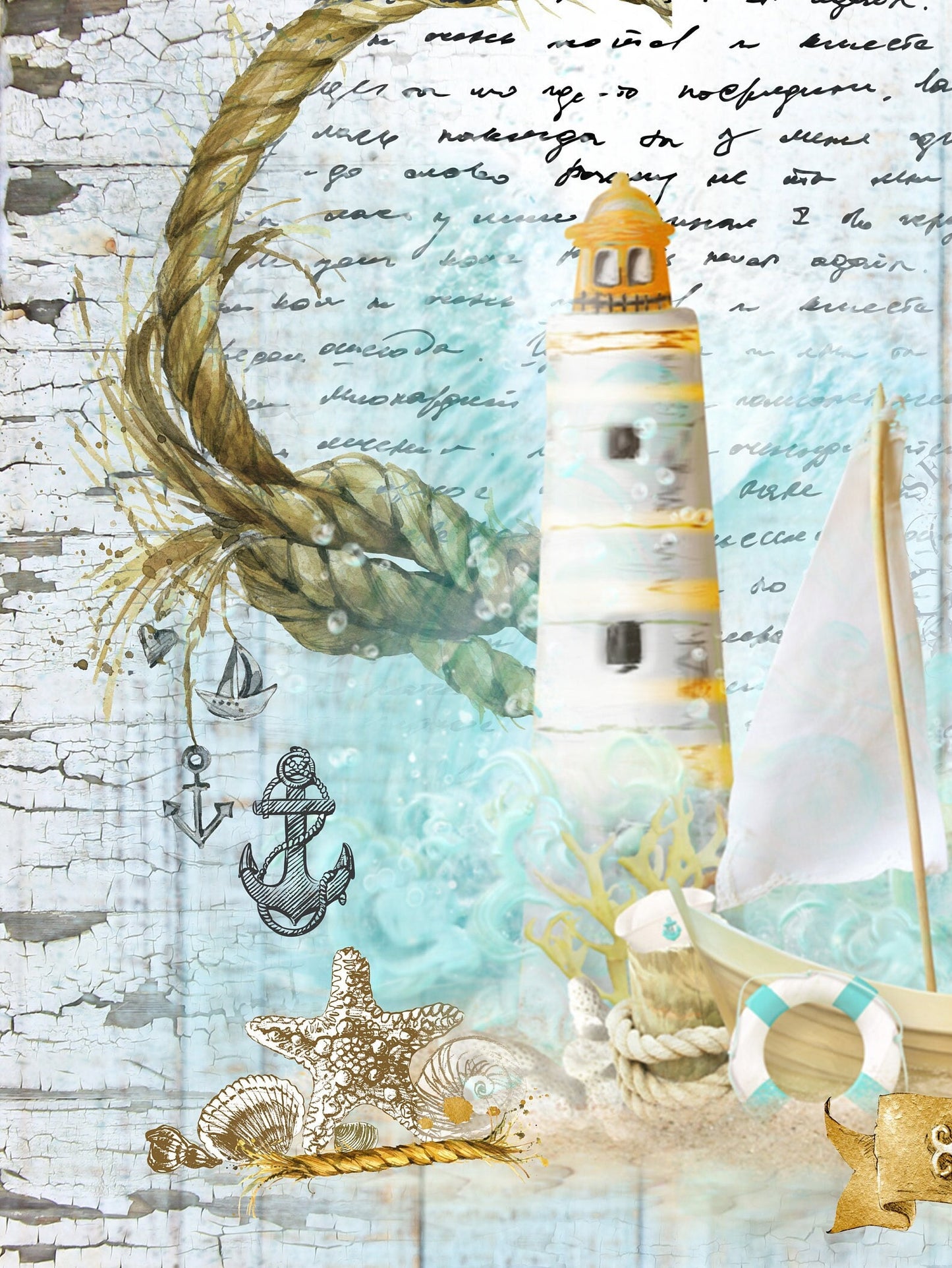 Large Decoupage for Furniture - Vintage Decoupage - Floral Decoupage Paper - Rice Paper - Blue Ocean Lighthouse