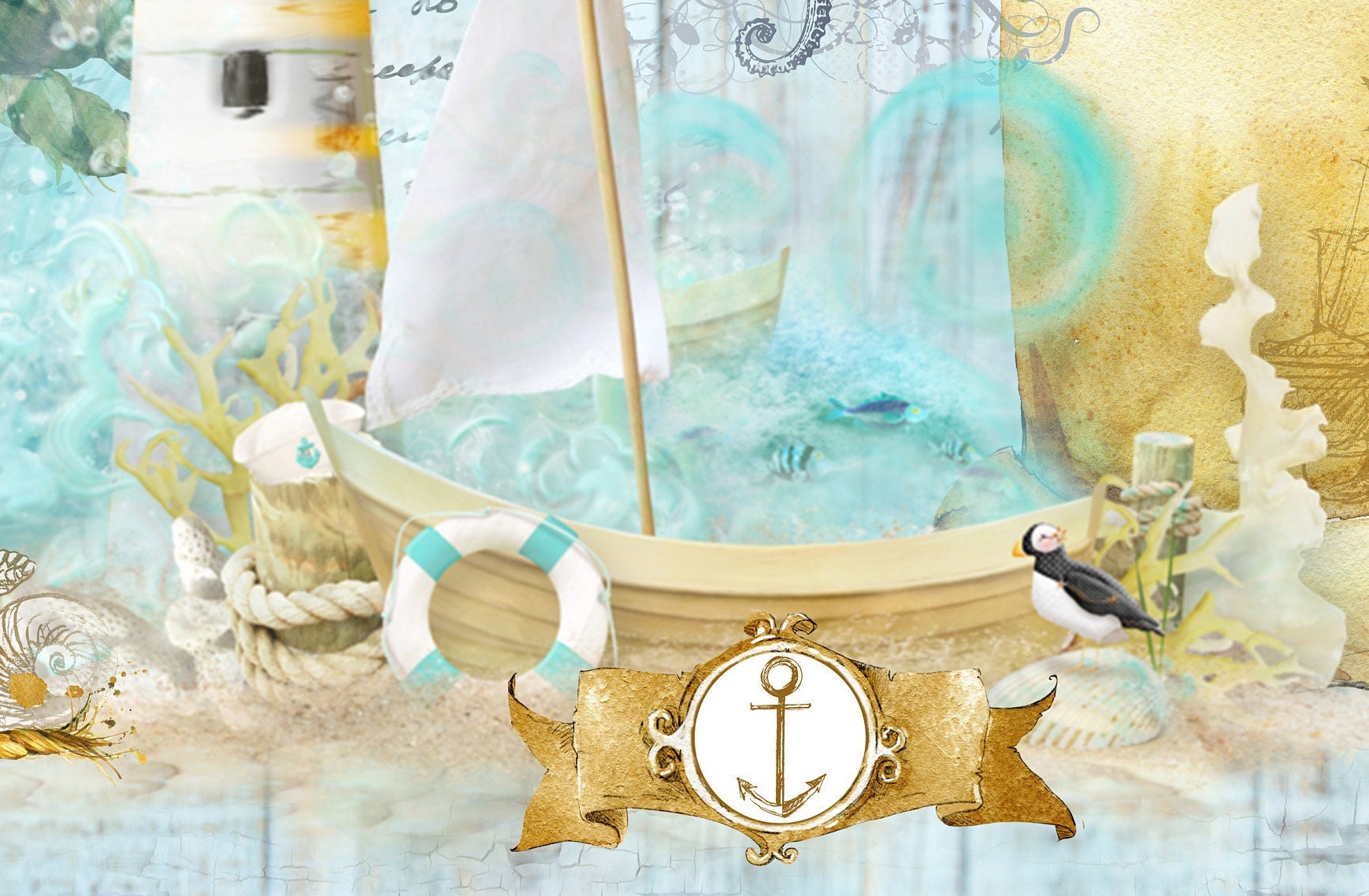 Large Decoupage for Furniture - Vintage Decoupage - Floral Decoupage Paper - Rice Paper - Blue Ocean Lighthouse