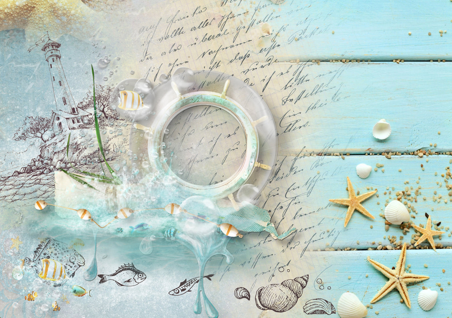Large Decoupage for Furniture - Vintage Floral Rice Paper - Blue Ocean Lighthouse Sea Star