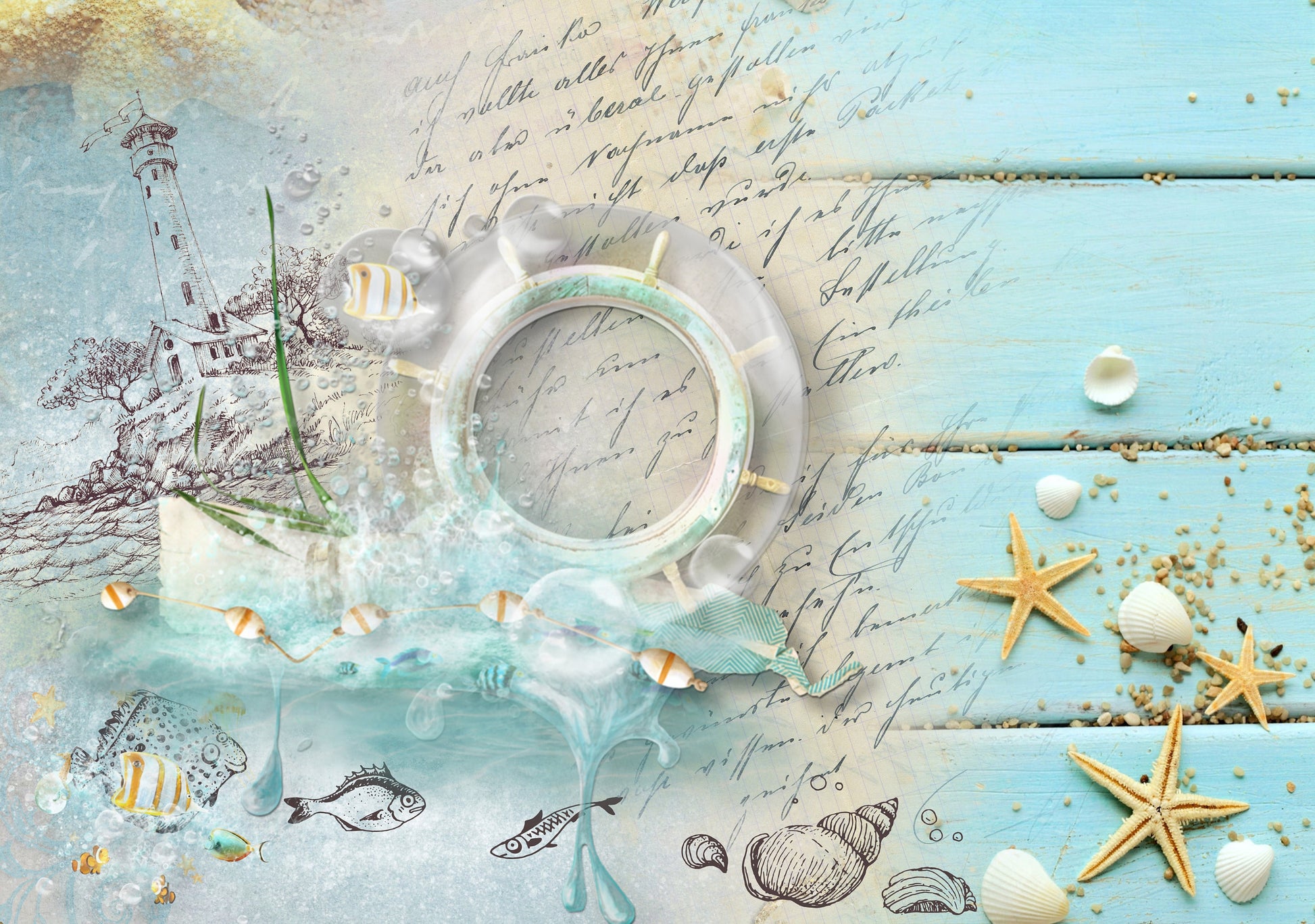 Large Decoupage for Furniture - Vintage Floral Rice Paper - Blue Ocean Lighthouse Sea Star