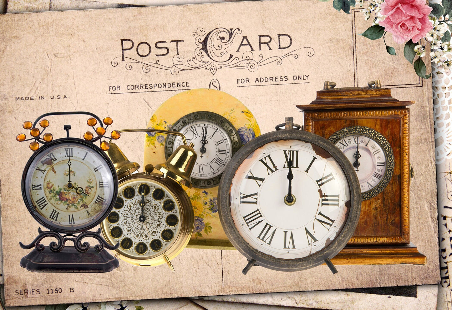 Large Decoupage for Furniture - Vintage Decoupage - Floral Decoupage Paper - Rice Paper - Antique Clocks