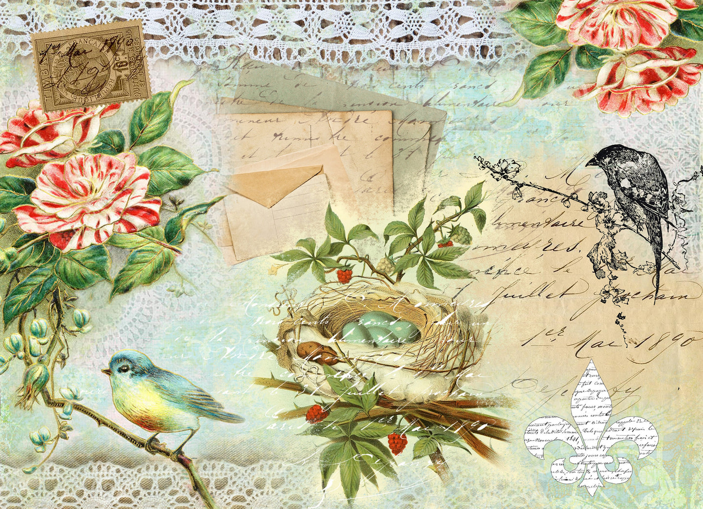 Large Decoupage for Furniture - Rice Paper - Vintage Decoupage - Floral Decoupage Paper - Shabby Chic Flowers Bird