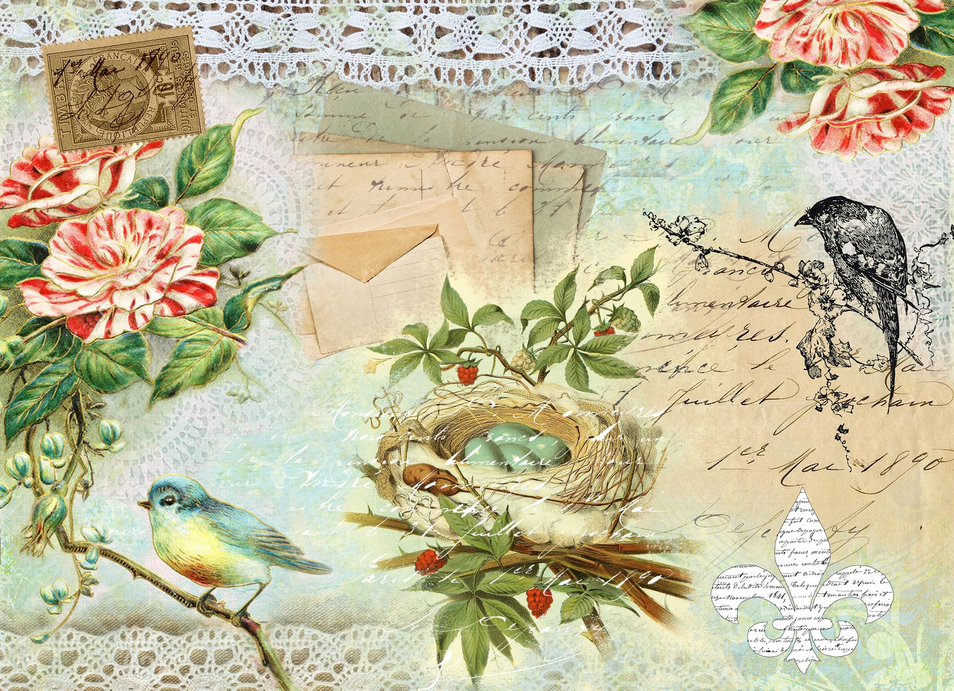 Large Decoupage for Furniture - Rice Paper - Vintage Decoupage - Floral Decoupage Paper - Shabby Chic Flowers Bird