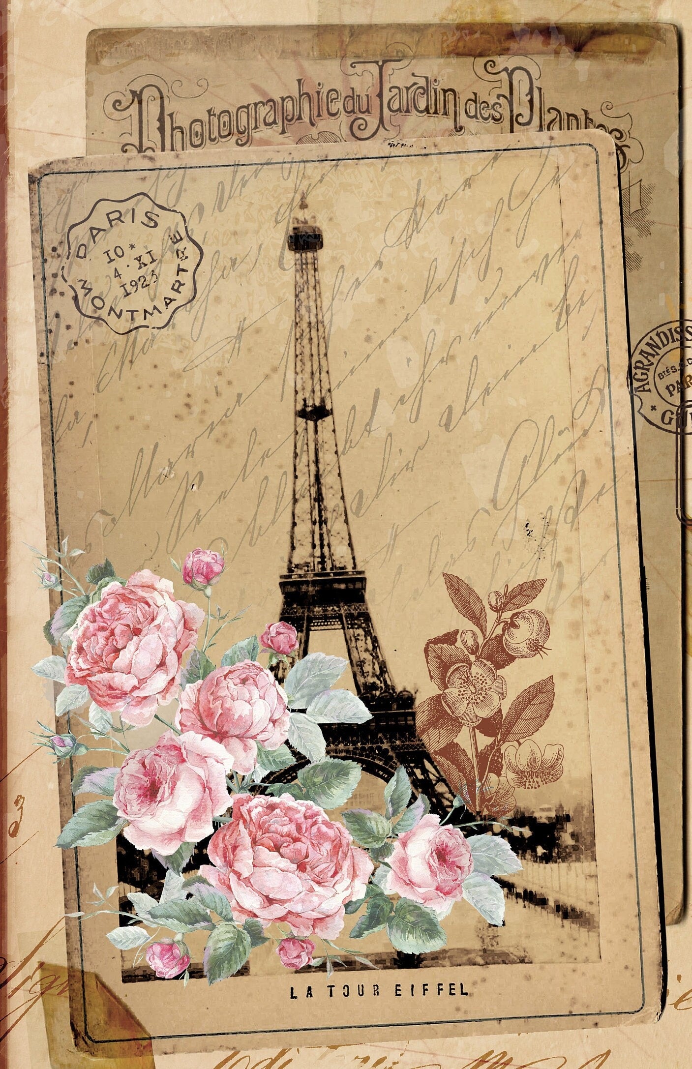 Large Decoupage for Furniture - Rice Paper - Vintage Decoupage - Floral Decoupage Paper - Flowers Birds Eiffel Cars