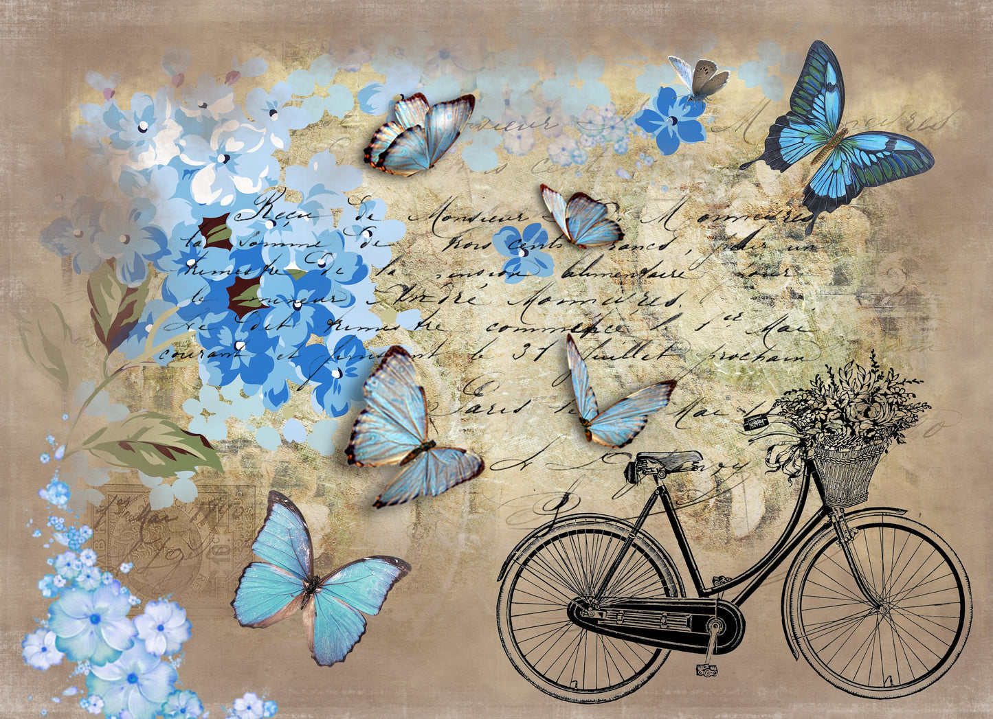 Large Decoupage for Furniture - Rice Paper - Vintage Decoupage - Floral Decoupage Paper - Flowers Birds Butterfly Bicycle