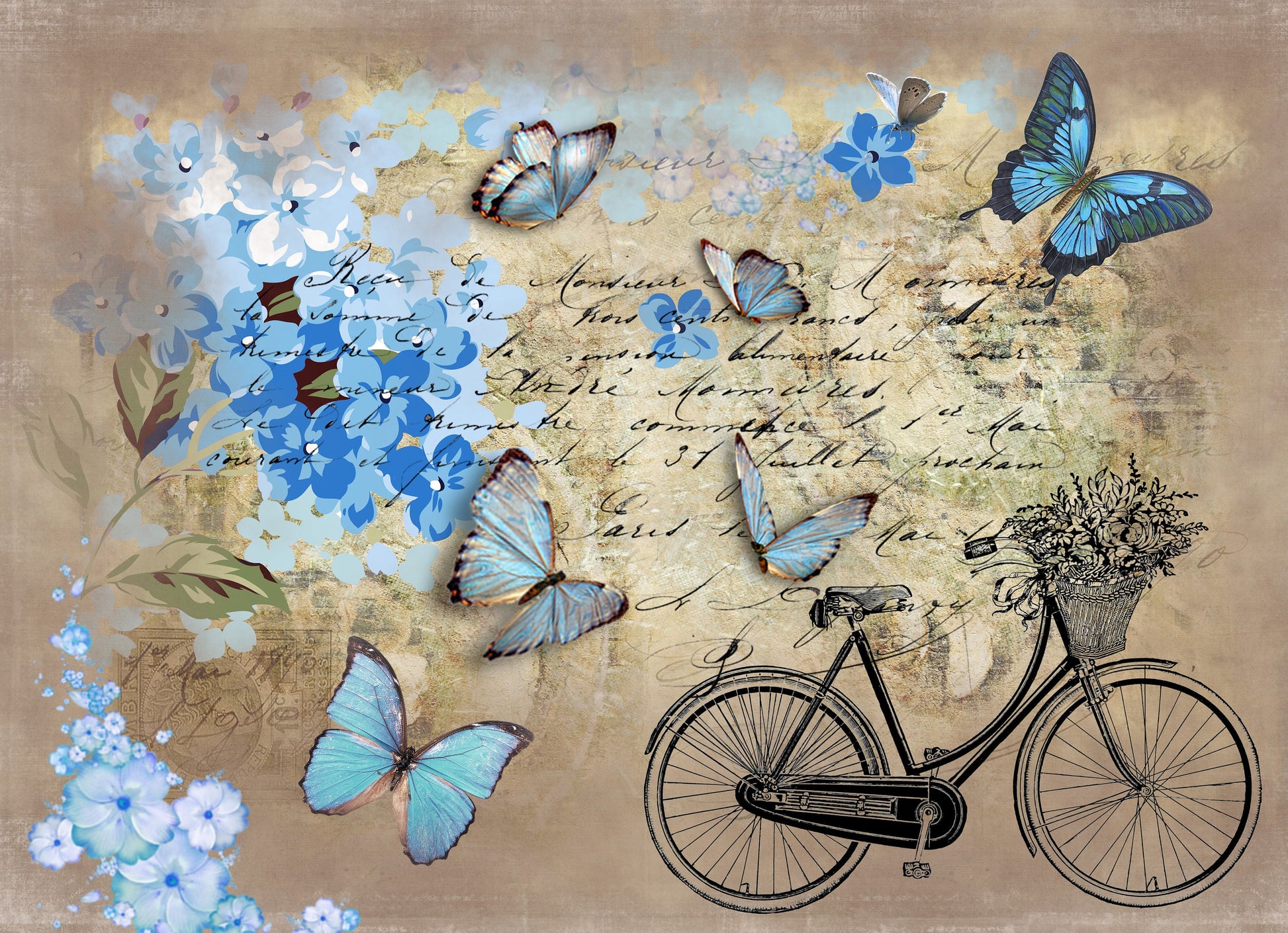 Large Decoupage for Furniture - Rice Paper - Vintage Decoupage - Floral Decoupage Paper - Flowers Birds Butterfly Bicycle