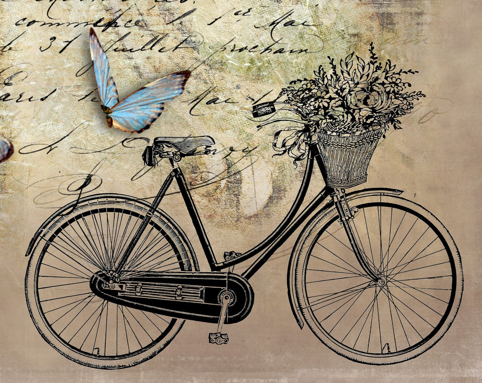 Large Decoupage for Furniture - Rice Paper - Vintage Decoupage - Floral Decoupage Paper - Flowers Birds Butterfly Bicycle